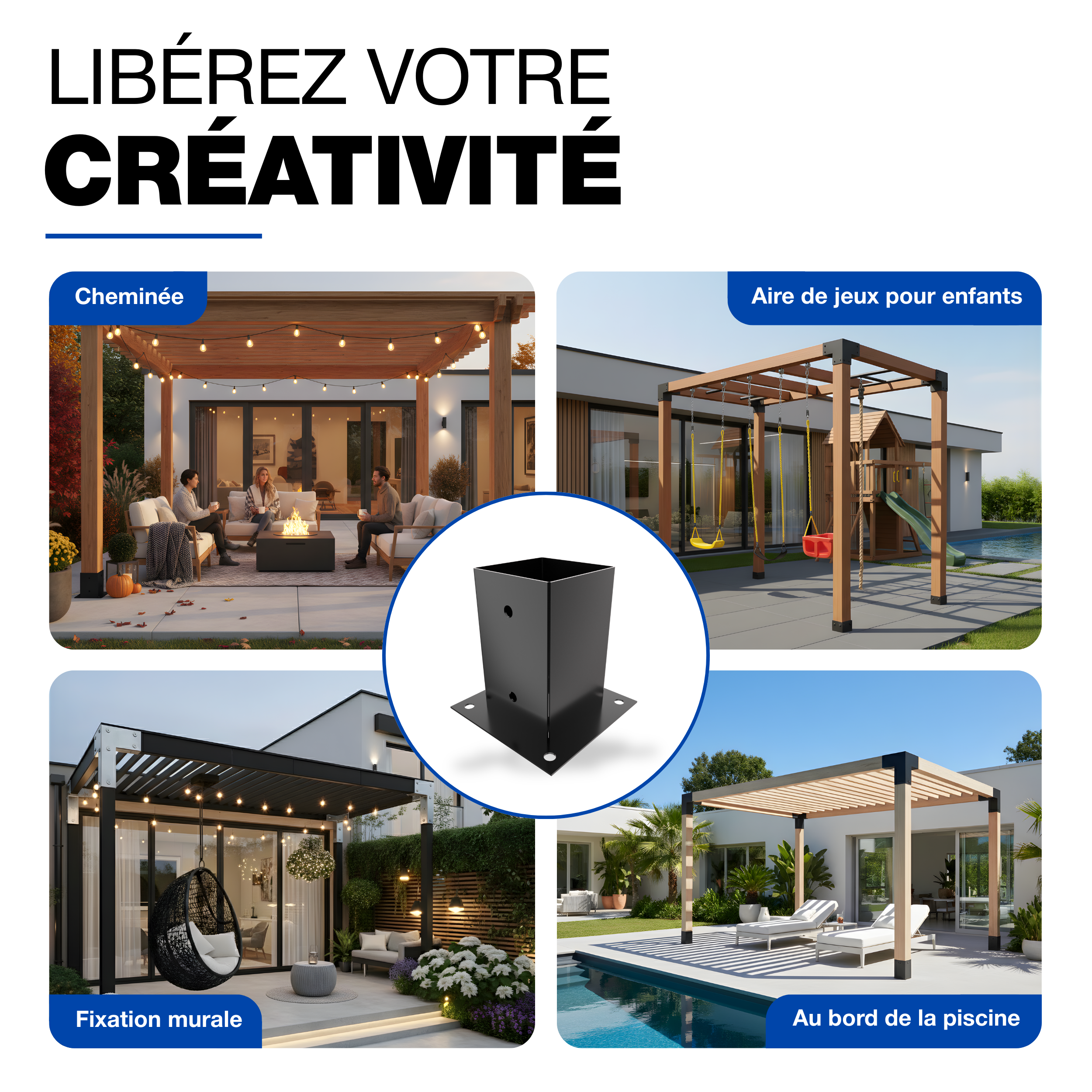 Support Poteau a Visser Revêtement en Poudre Noir 91 x 91 mm pour bois pied platine clôture pergola angle base GeZu Impex - 8