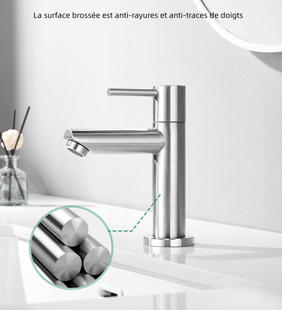 Robinet Lavabo Monotrou brossé EAU Froide+Bonde Lavabo Bonde Pop-up avec Trop-plein Automatique - 6