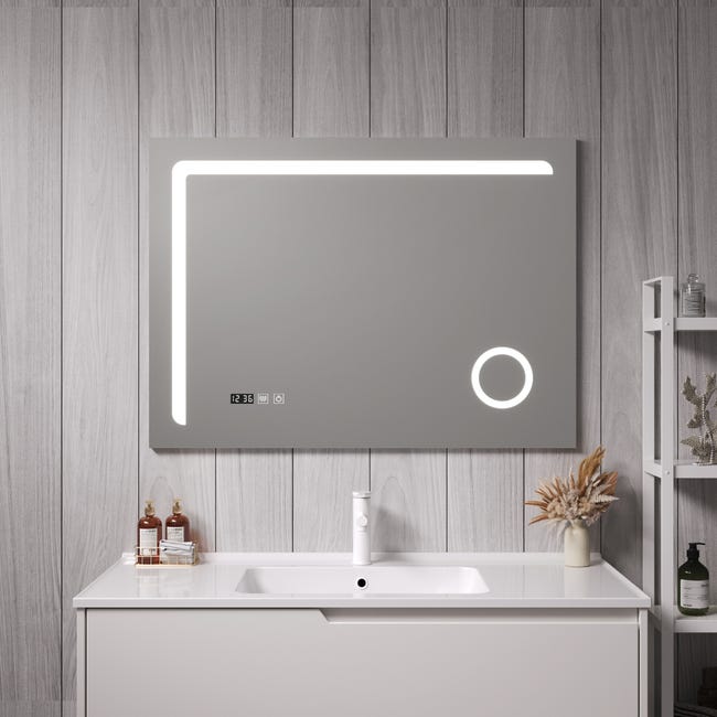 Espejo De Baño Con Marco Negro Y LED Antivaho, 60x100cm, Luz Blanca Cálida 3000K, Botón Táctil