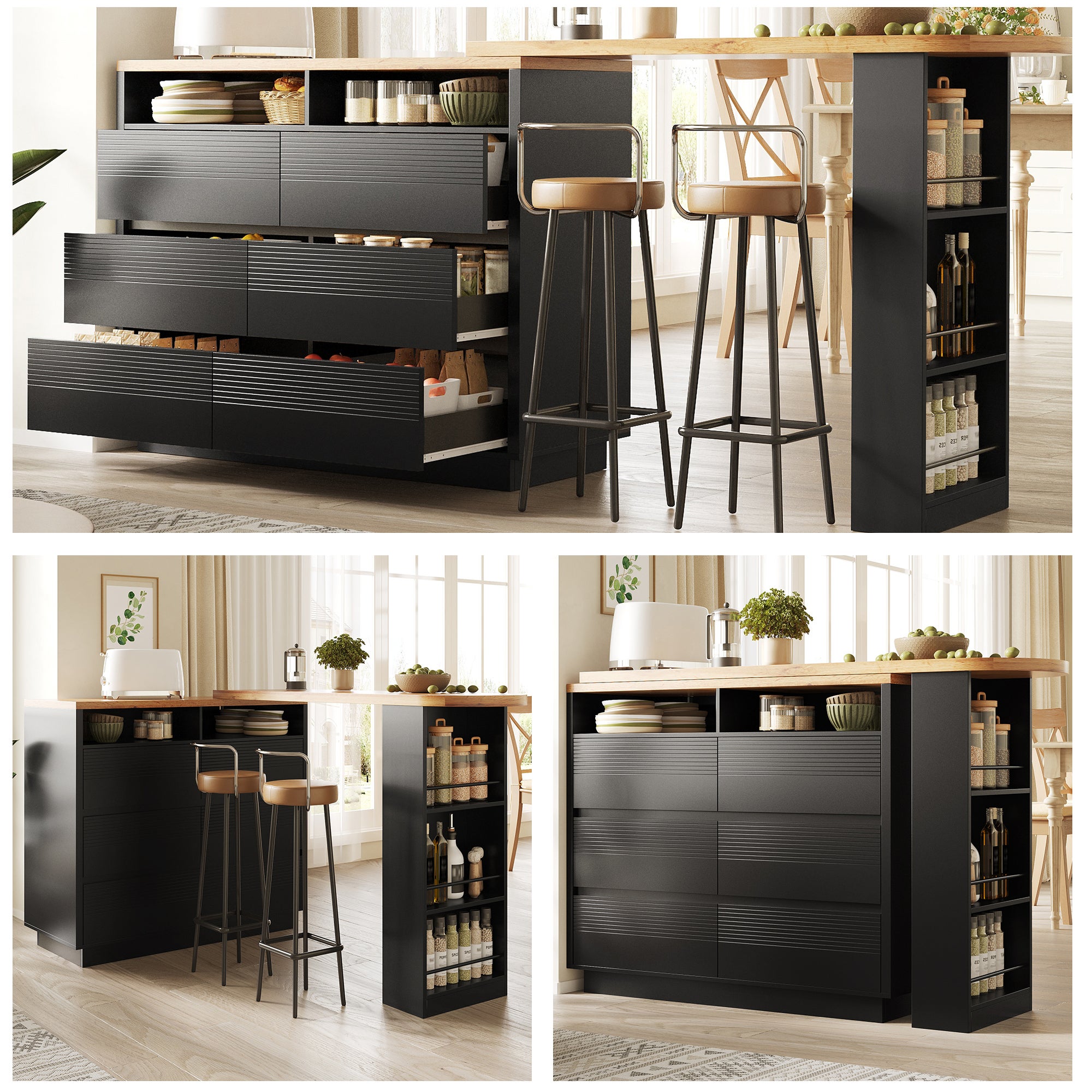 Rozkładany stół barowy z 3 szufladami i 3 półkami – 137-215 x 39 x 102,3 cm – MDF – do kuchni, jadalni – czarny