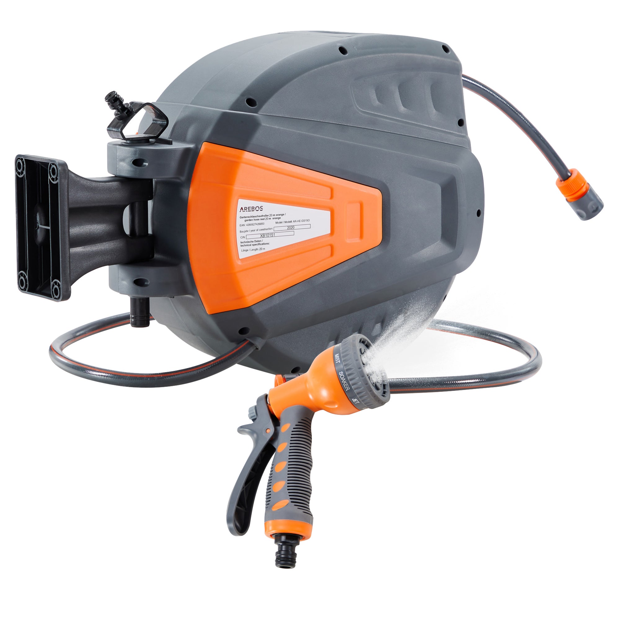 Arebos Enrouleur De Tuyau 20 M Pivotant 180° – Automatique Avec Arrêt, Tête 9 Fonctions + Buse, Gris