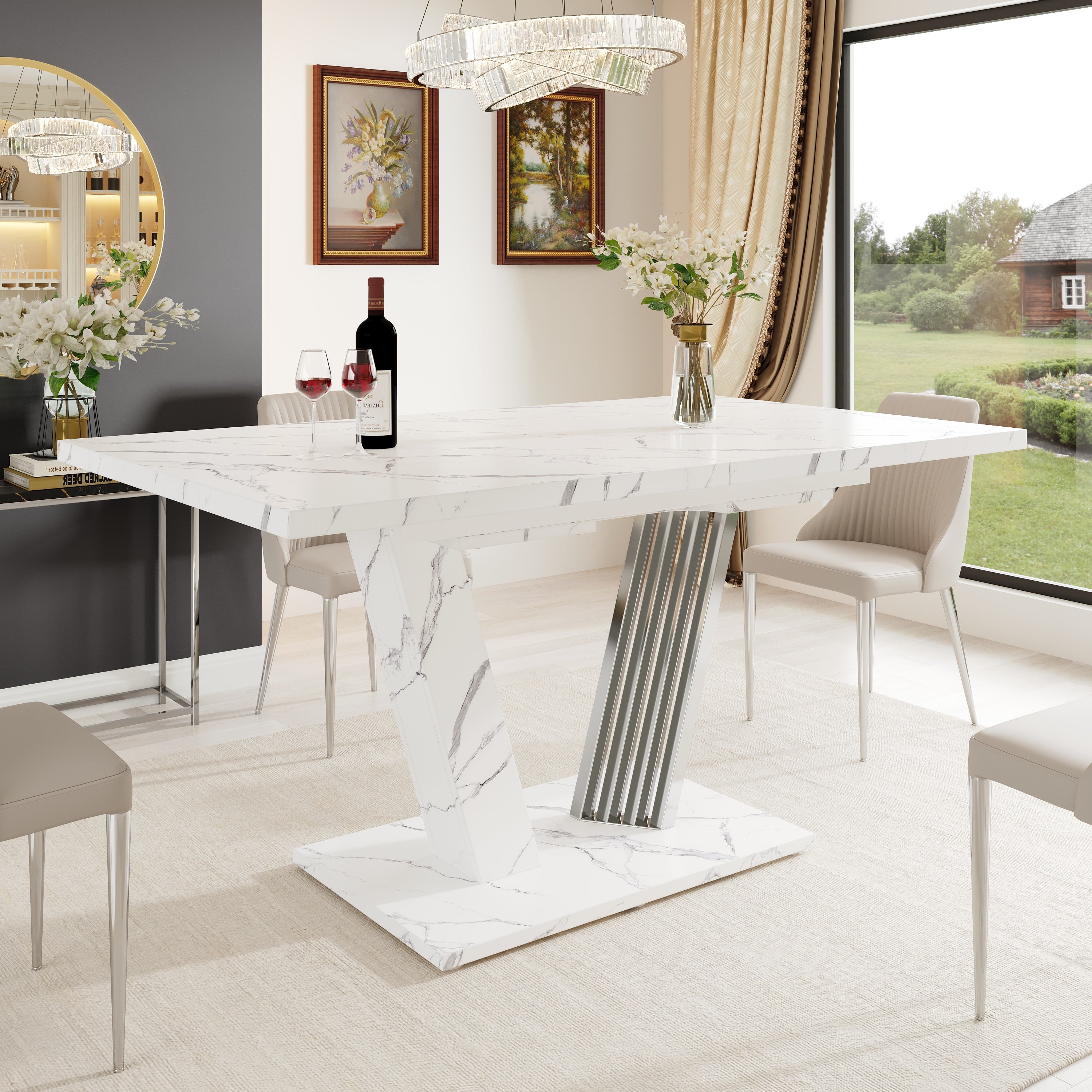 Rozkładany stół jadalny dla 4-6 osób - 120/160 x 80 x 76 cm - Płyta MDF z nogami w kształcie skrzydeł - Blat imitujący marmur - Biały - 3