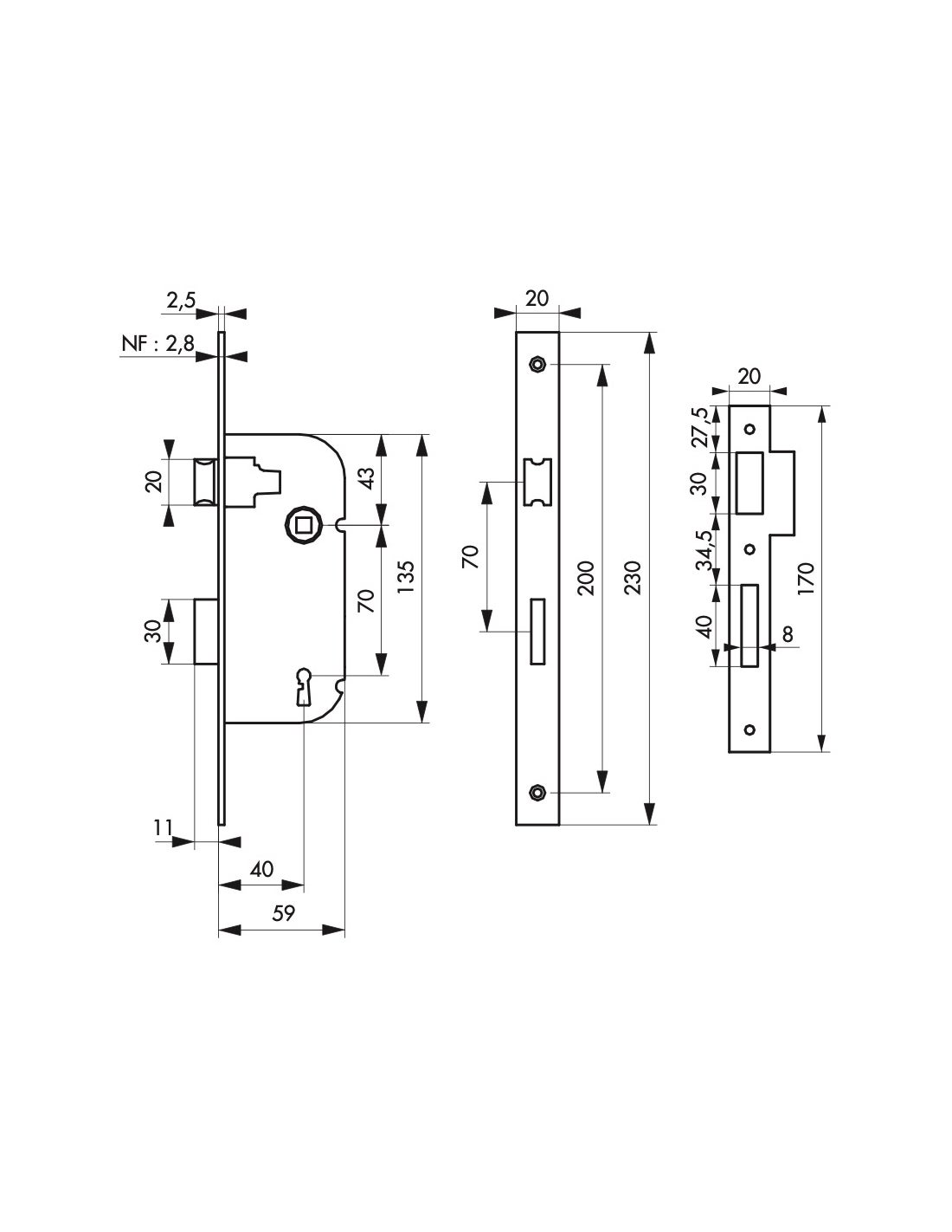 THIRARD - Serrure encastrable à clé pour porte de chambre, axe 40mm, bouts ronds, inox, avec gâche, 1 clé - THIRARD - 2