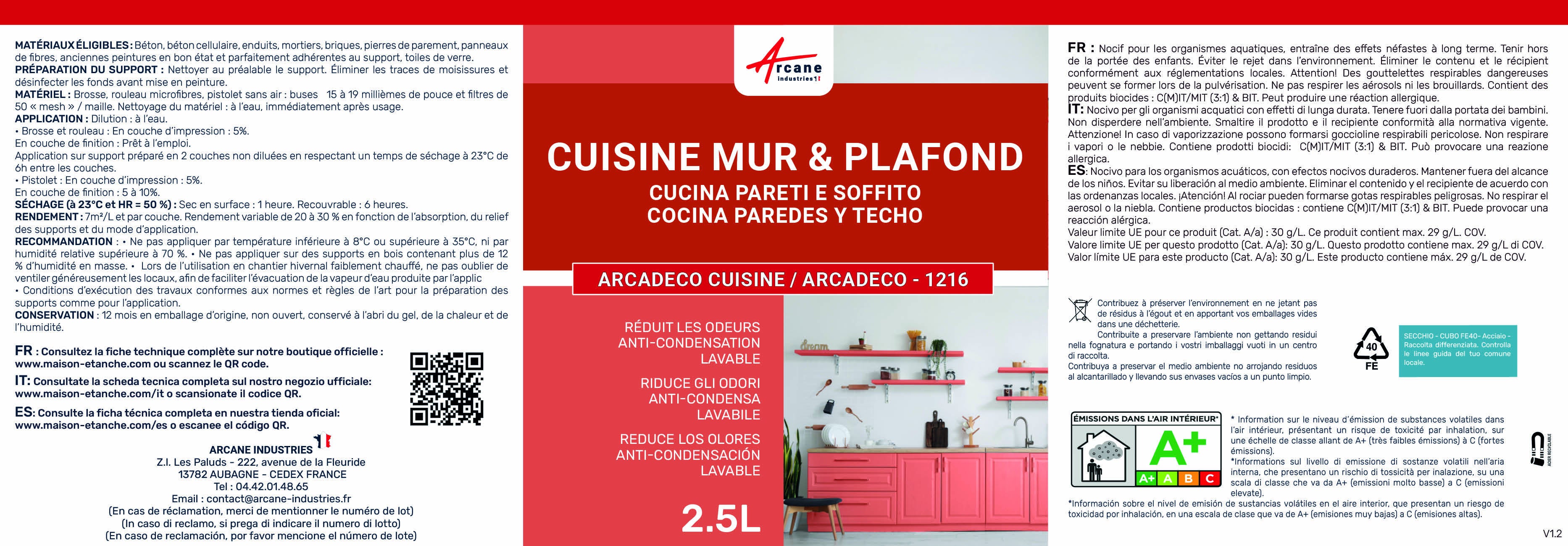 Peinture cuisine mur et plafond lessivable, anti odeur & anti condensation : Arcadéco Cuisine Blanc - 2.5 L - ARCANE INDUSTRIES - 7