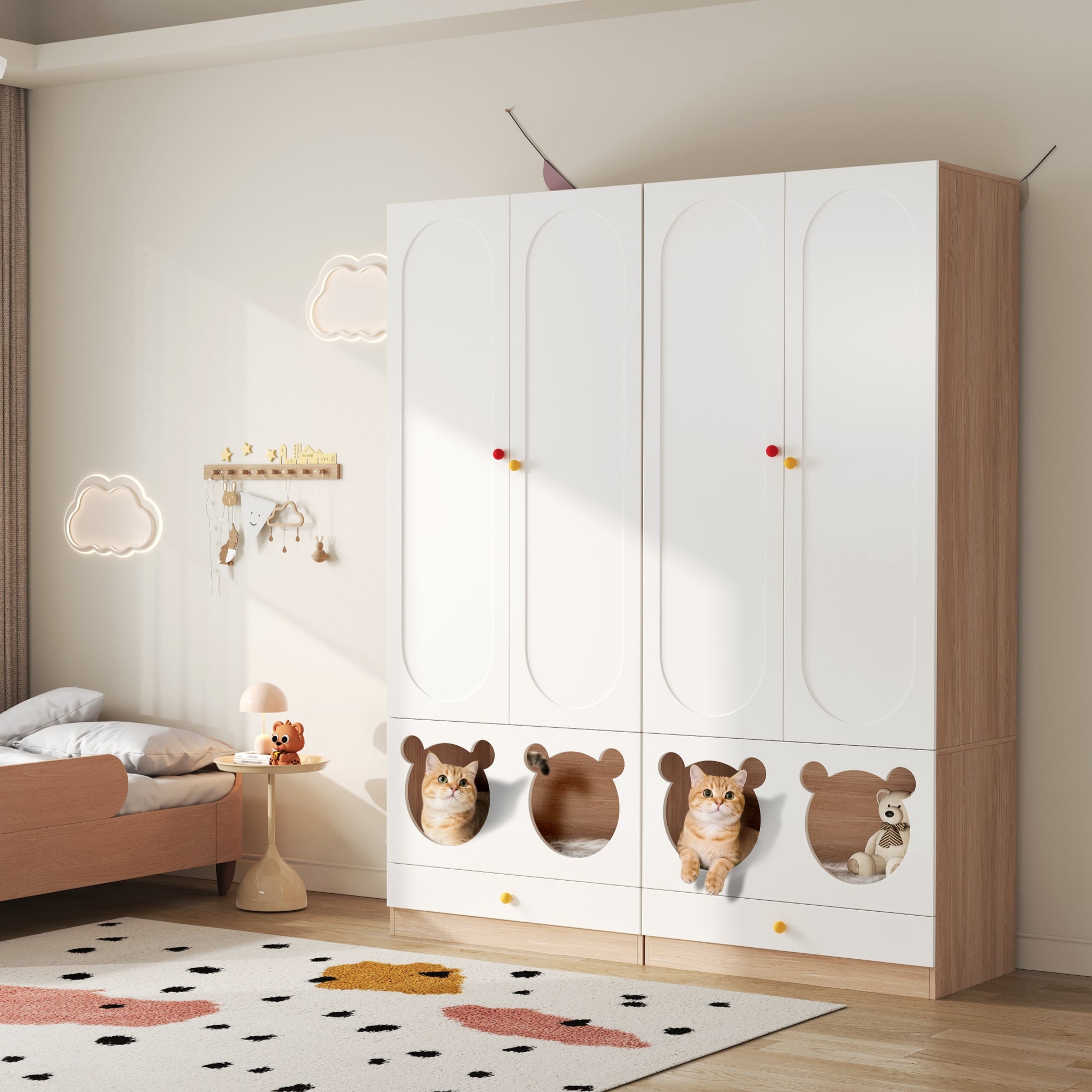 Zestaw 2 szaf dziecięcych 160x50x200 cm - z drążkiem na ubrania - z legowiskiem dla kota - 4 drzwi - kolor biały + kolor naturalny
