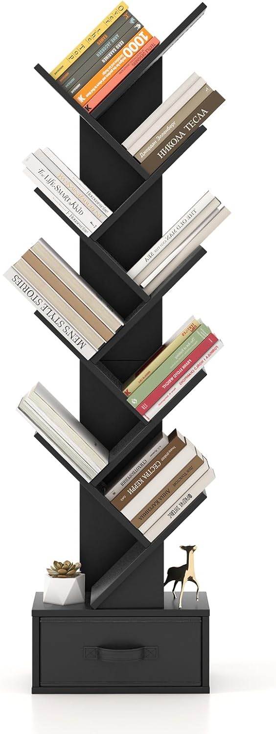 Biblioteka z 10 Półkami 38 x 21,5 x 149,5 cm z Drewnianą Szafką, Zabezpieczeniem przed Przewróceniem, Wyjmowaną Szufladą (Czarna)