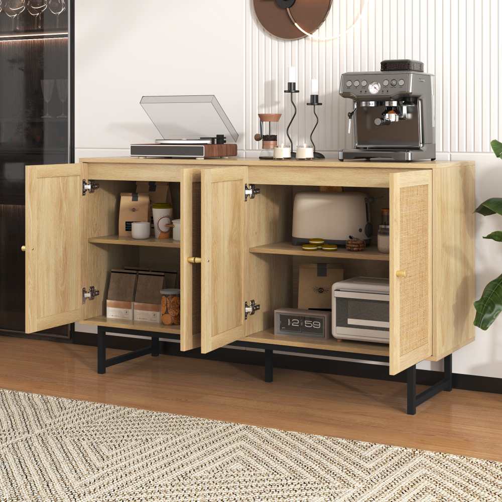 Komoda 140x39,5x80 cm z naturalnego rattanu, 4 drzwi, styl drewniany z matowymi złotymi uchwytami - 7