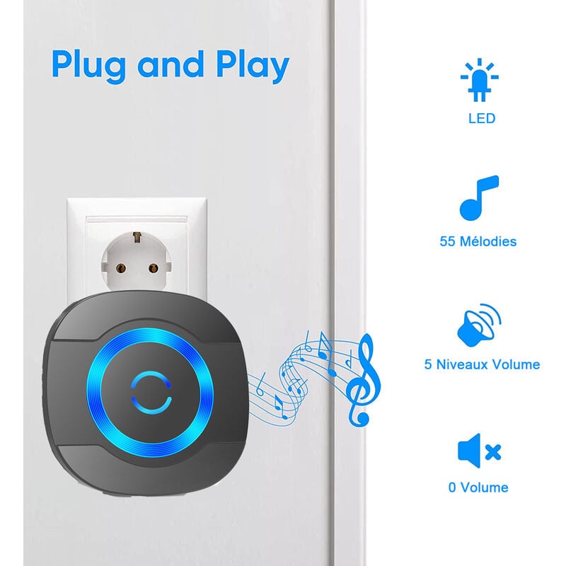 Sonnette de Porte sans Fil 300M IP55 Étanche Carillon Electronique avec Récepteur Enfichable pour la Maison 55 Mélodies LED Noir - 2