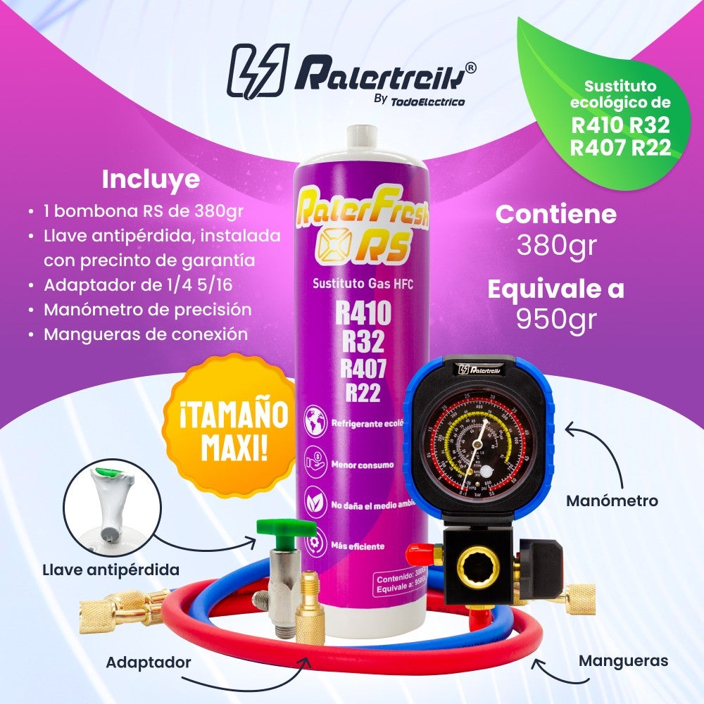 Gaz réfrigérant de remplacement Ralerfresh RS pour les gaz R410, R407 et R22 plus manomètre, tuyaux, clé et adaptateur - 2