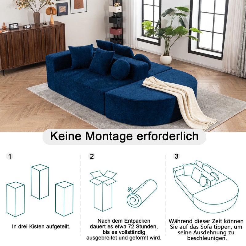 Canapé 5 places panoramique modulable - en tissu Chenille bleu - avec 6 oreillers - 263x171x66cm - 5