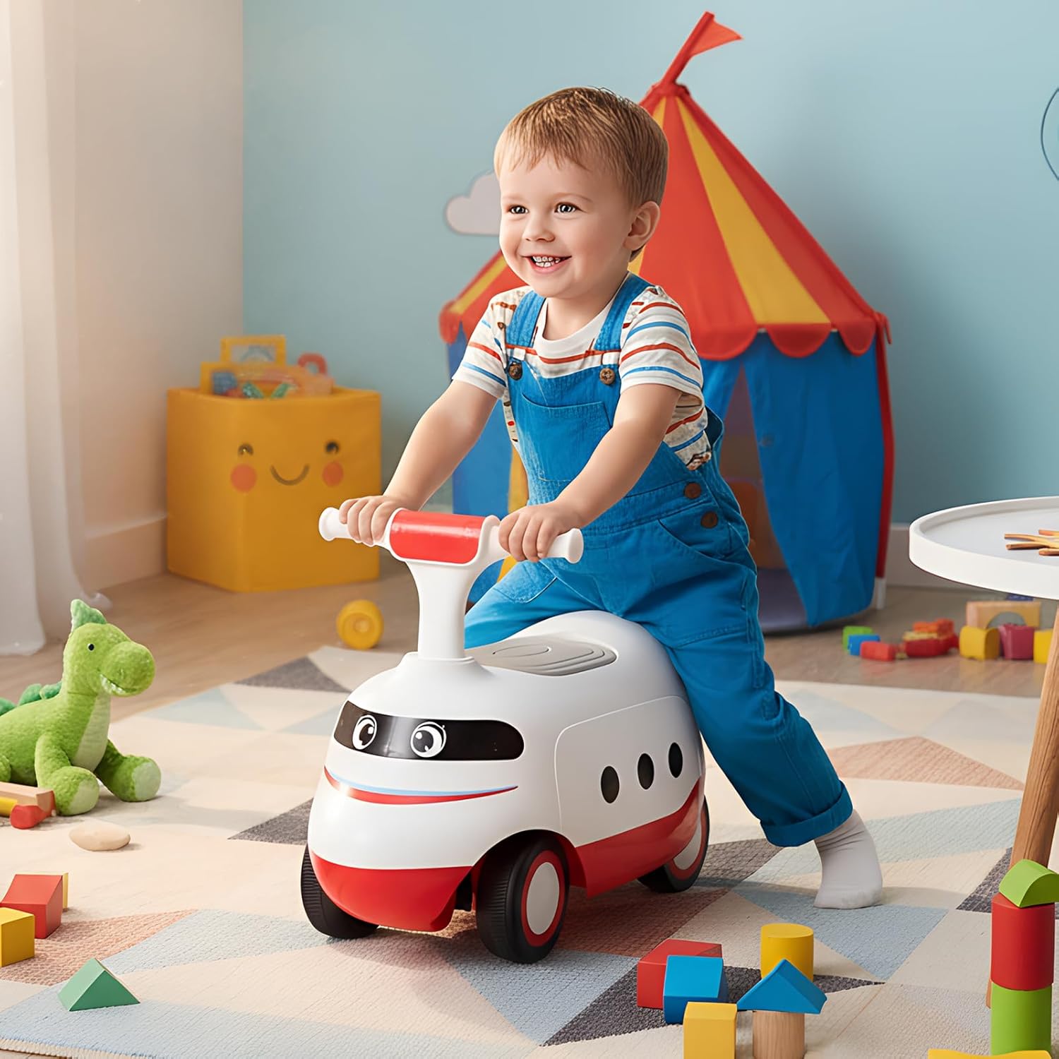 Wózek dla Dzieci w Wieku 1,5–3 Lata w Kształcie Pociągu, z Dźwiękami Pociągu, Ukrytą Przestrzenią do Przechowywania i 4 Kółkami (Biały)