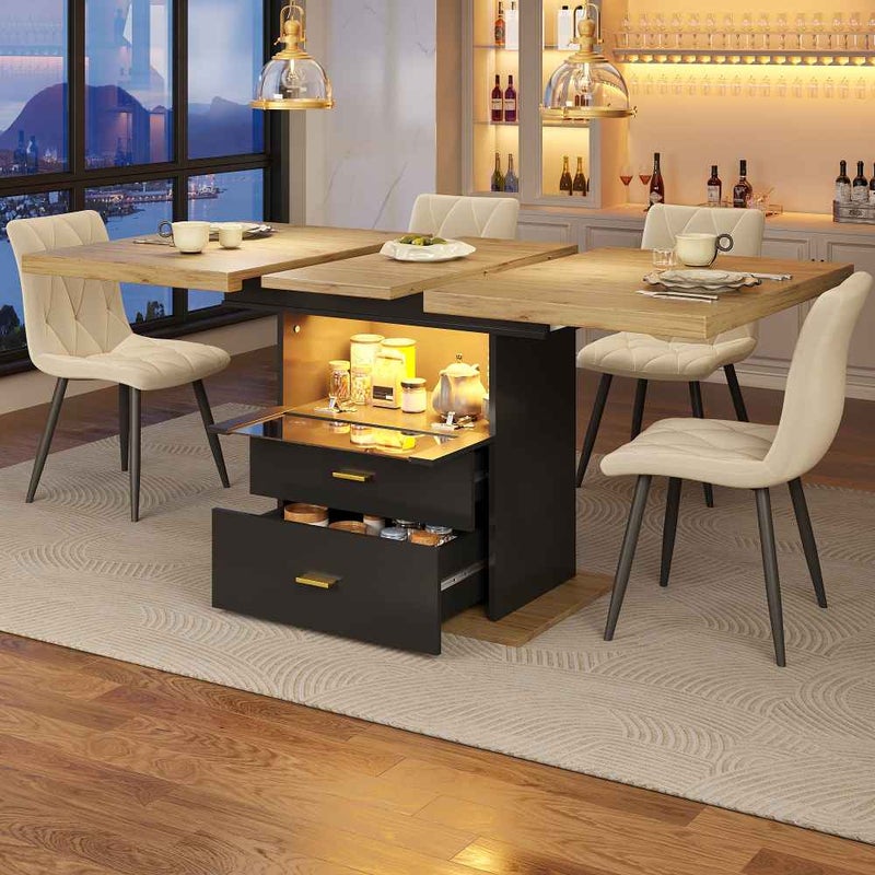 Rozkładany stół jadalny 110-140 cm z oświetleniem LED, solidny blat MDF do kuchni, salonu lub na taras, nowoczesny design