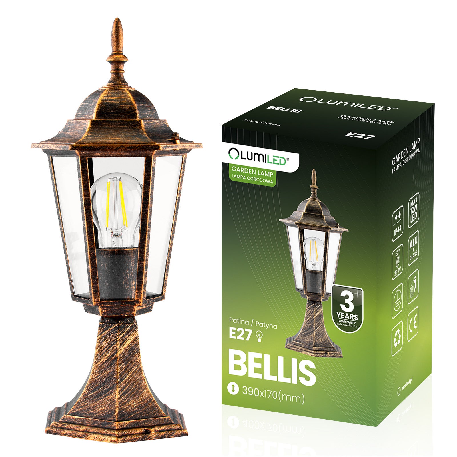 Lampa Ogrodowa Lumiled Zewnętrzny E27 Niski Słupek Latarnia 40cm Patyna 1 szt.
