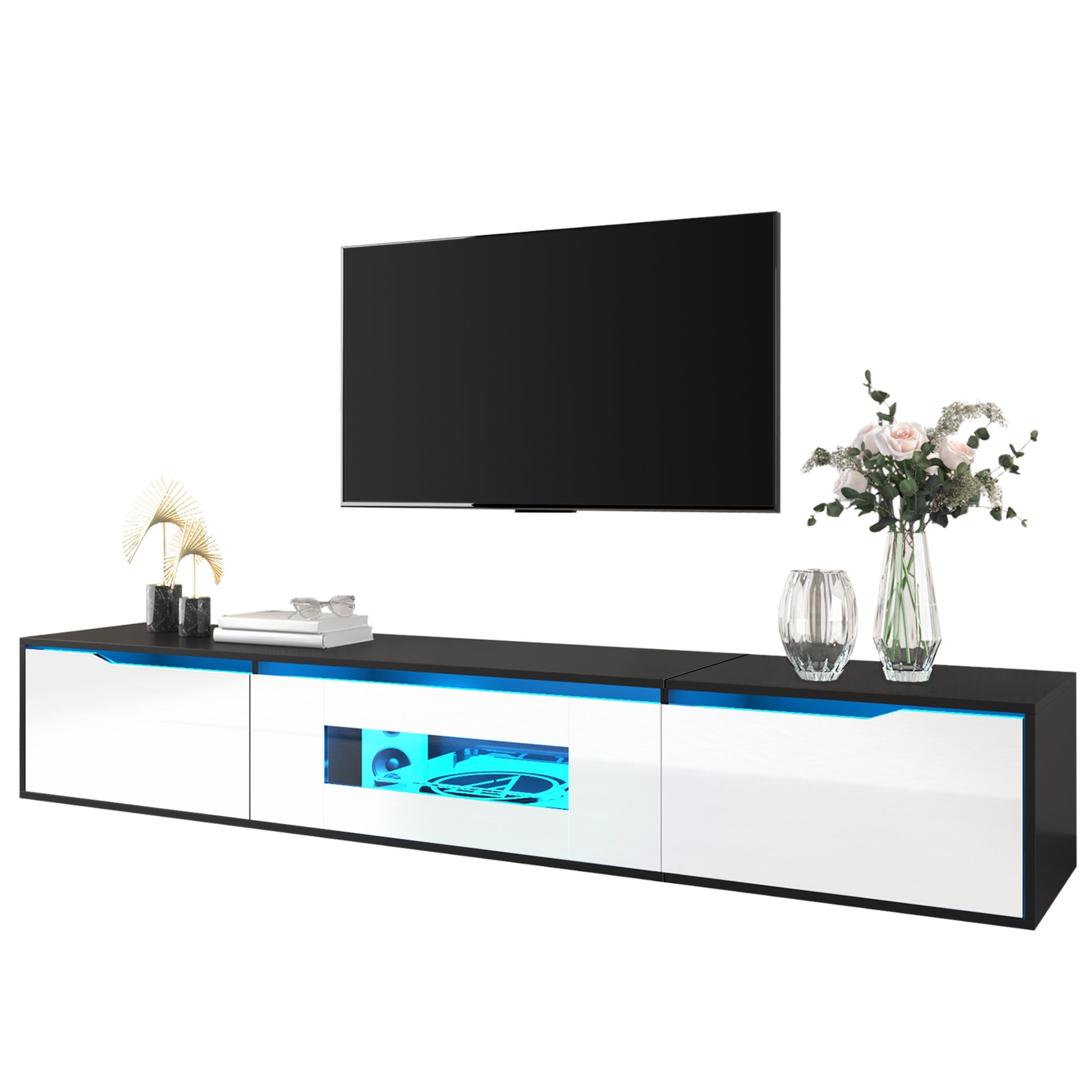 Nowoczesna szafka pod telewizor 180 x 35 x 30 cm - do montażu na ścianie/wolnostojąca - z oświetleniem LED i portami USB - płyta MDF - czarny - 2