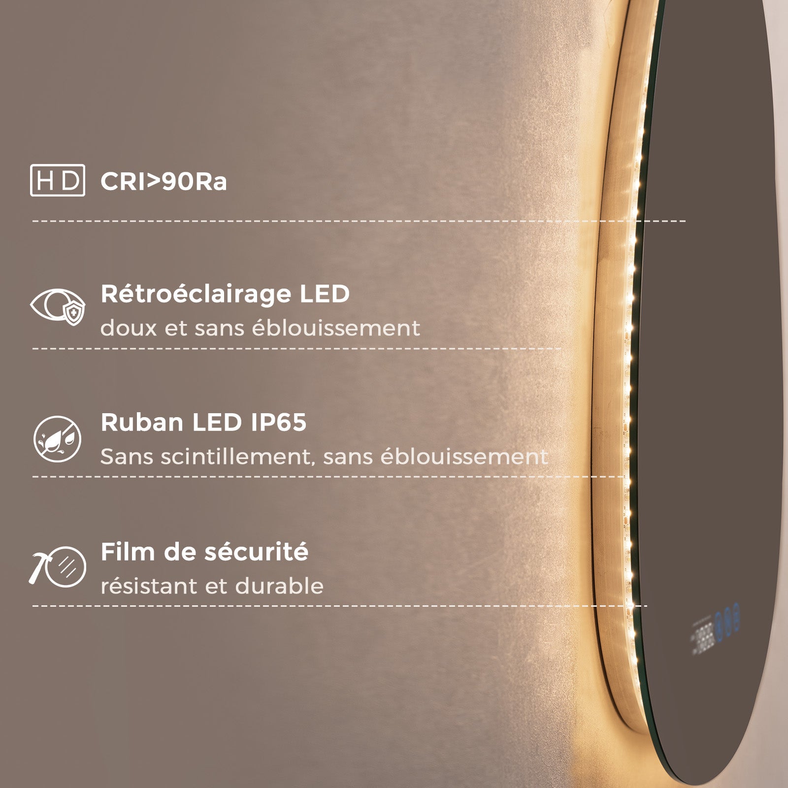 S'AFIELINA Miroir de Salle de Bain avec Éclairage Asymétrique 85 x 50 cm, 3 Couleurs de Lumière Réglables, Antibuée, Bluetooth, Horloge, Température - 8