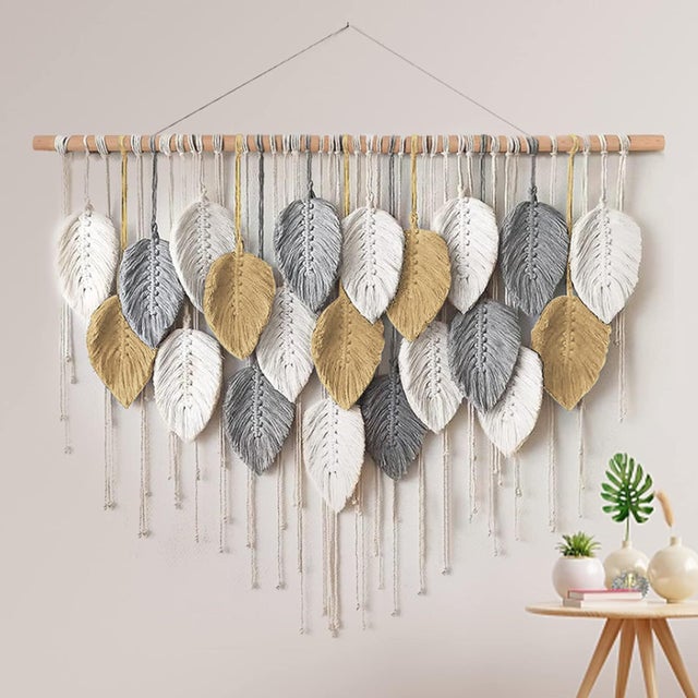 Tapiz de hojas de colores tejido en cuerda de algodón, decoración de pared, 100 x 80 cm, 21 hojas (blanco, caqui y gris).