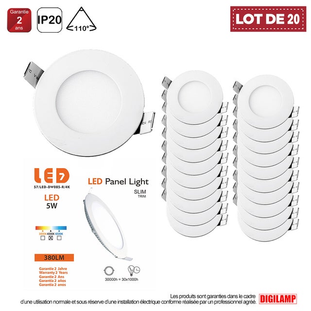 Lot de 20 Spot Encastrable Led Downlight Panel Extra plat 5w Blanc Neutre 4000k - Digilamp