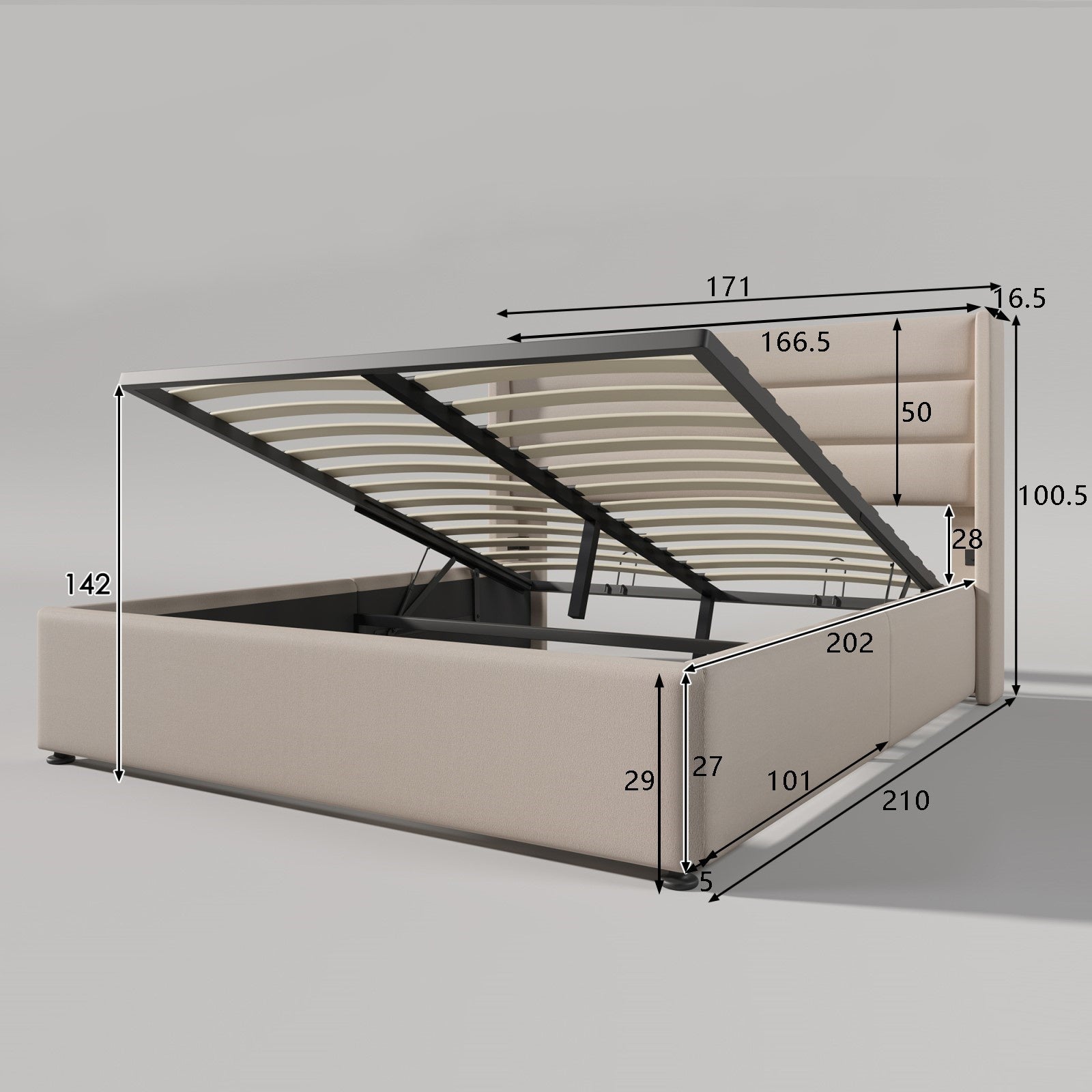 Lit coffre 160x200 avec rangement, lit double adulte avec sommier, structure métallique, revêtement en lin, grand espace de rangement - Beige - 4