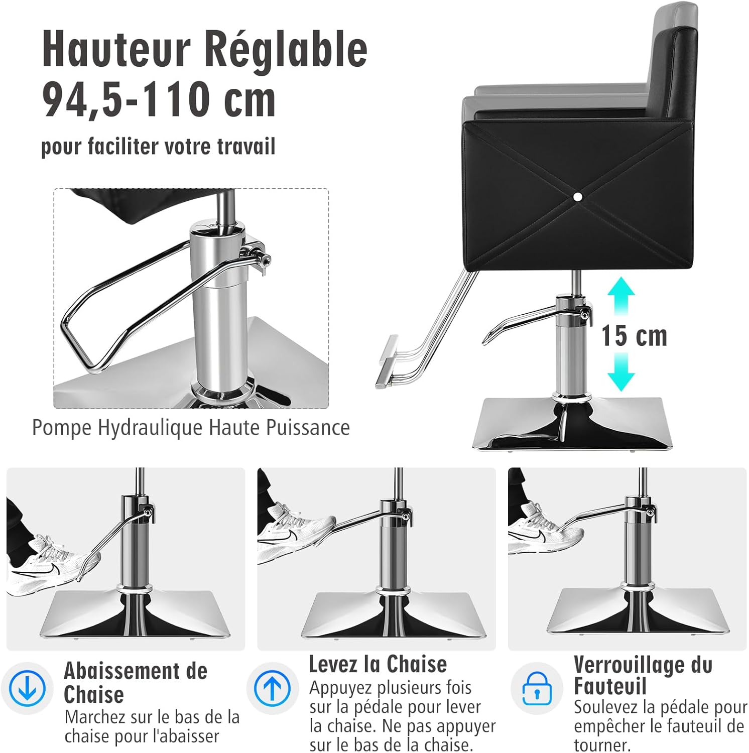 Poltrona da Barbiere con Altezza Regolabile, Sedia da Barbiere Girevole a 360°, con Pompa Idraulica Pesante, Capacità di Carico 150 kg - 4