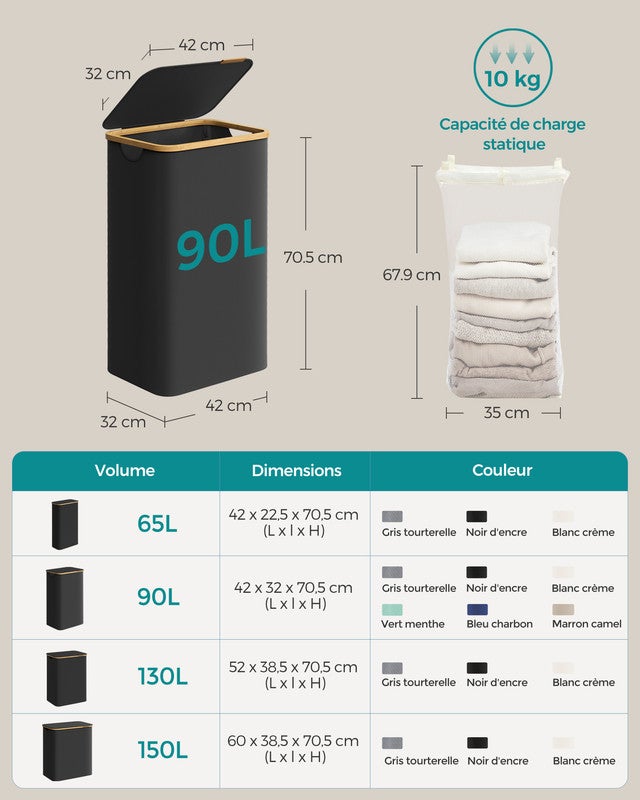 Panier à Linge Mince avec Couvercle, 90L, Doublure en Maille Amovible, Poignées en Bambou, Pliable, 42 x 32 x 70,5 cm, Noir d'Encre - 5