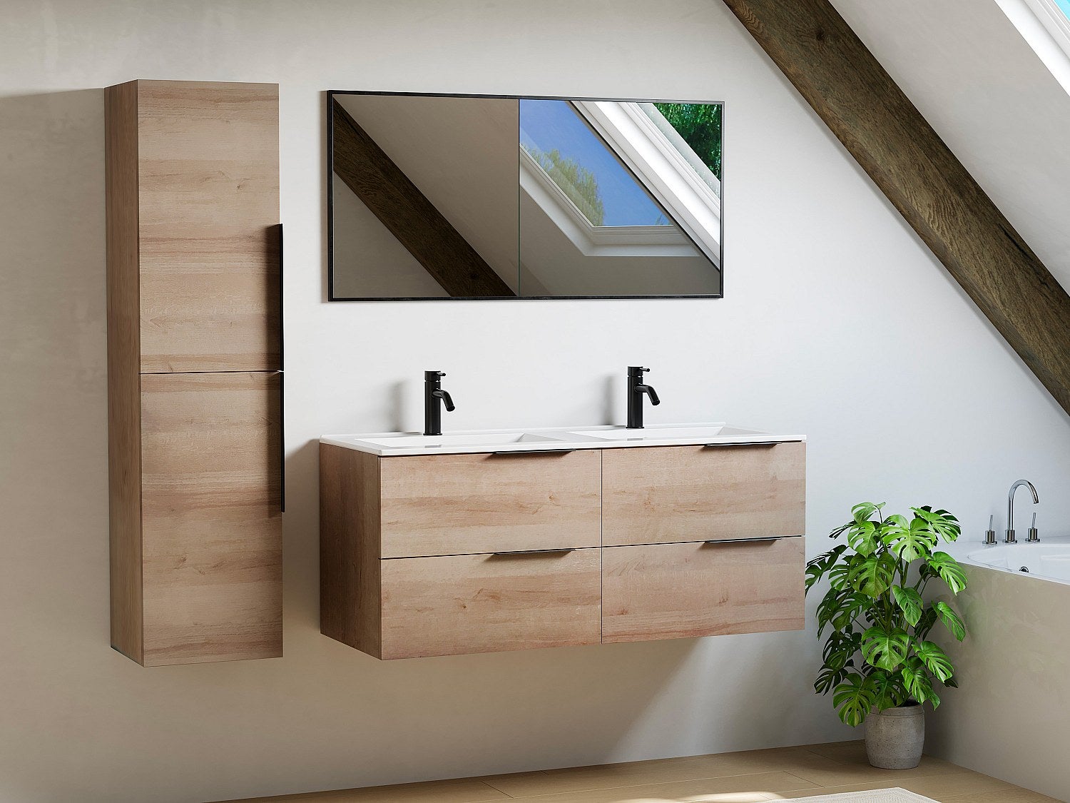Szafka łazienkowa wisząca z umywalką do zabudowy i kolumną - Jasny naturalny - 120 cm - NISAYA