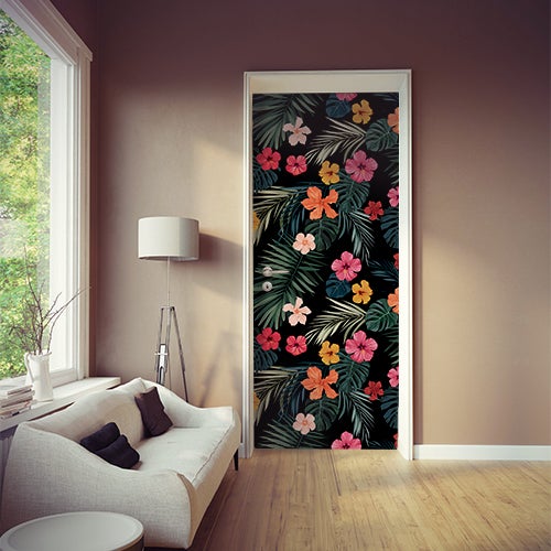 Pegatina de la puerta, pegatina para puertas y armarios de hibisco multicolor, 204 cm x 83 cm