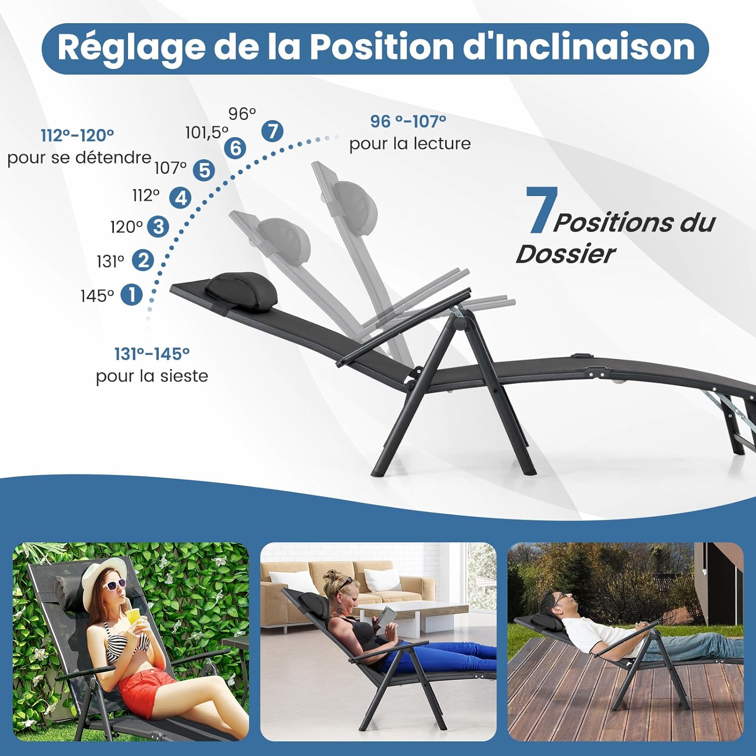 Chaise Longue Pliante avec Dossier Réglable à 7 Niveaux avec Accoudoir et Repose-tête-Transat Jardin Charge 150 KG Noir - 5