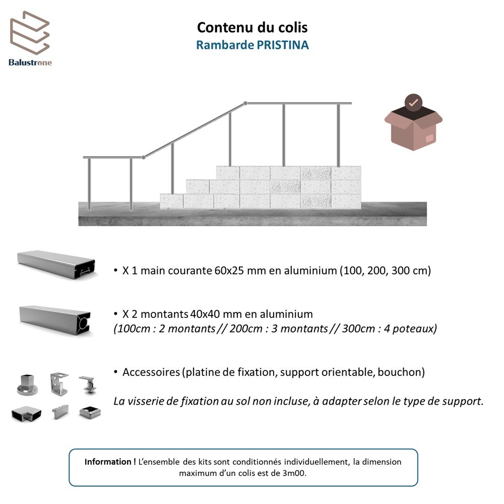 Rampe garde-corps aluminium carré 2m pose à sceller au sol, PRISTINA, en kit - 5