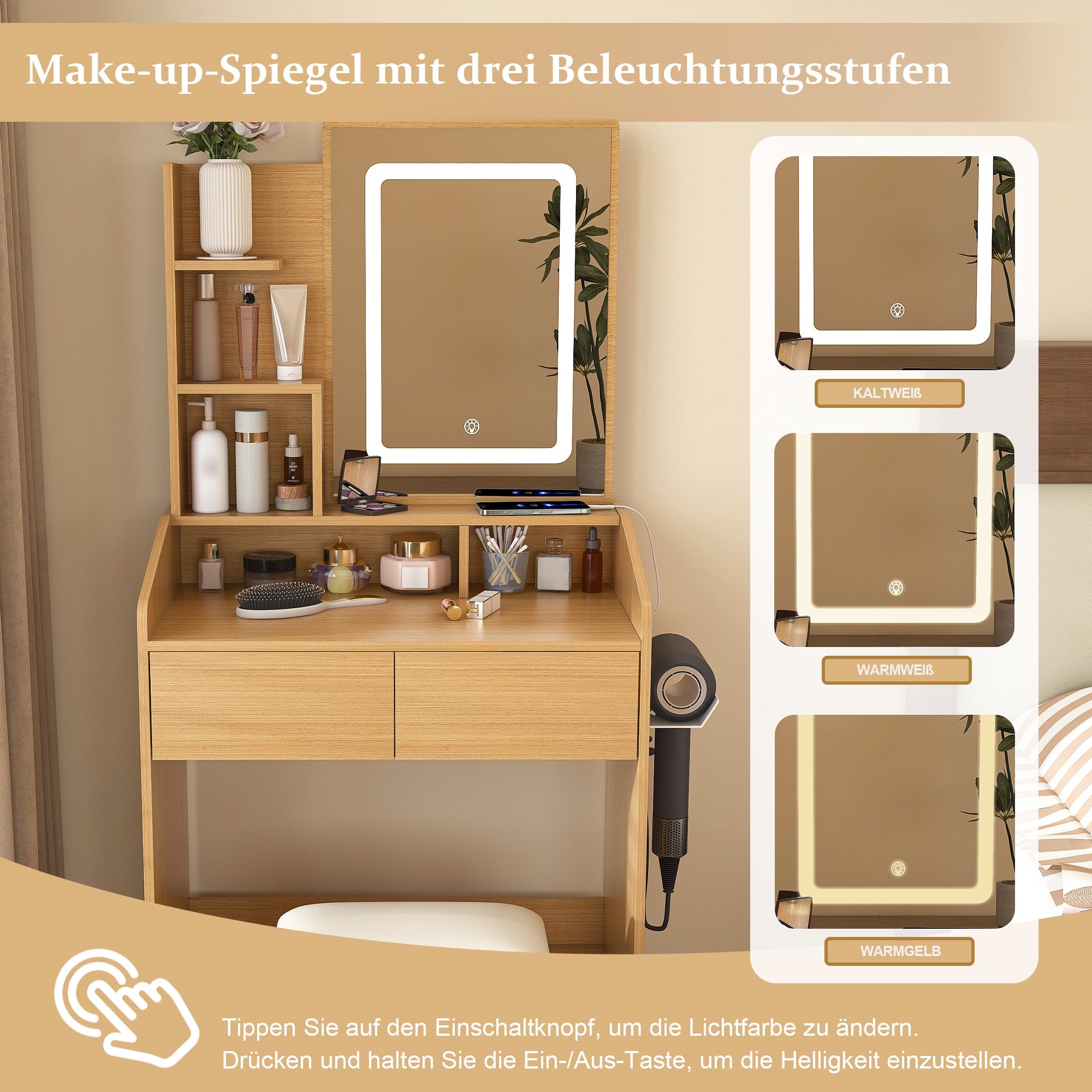 Coiffeuse avec miroir éclairé par LED, support pour sèche-cheveux et tabouret rembourré – Table compacte,L60 × H130 × P36 cm, finition bois naturel - 8