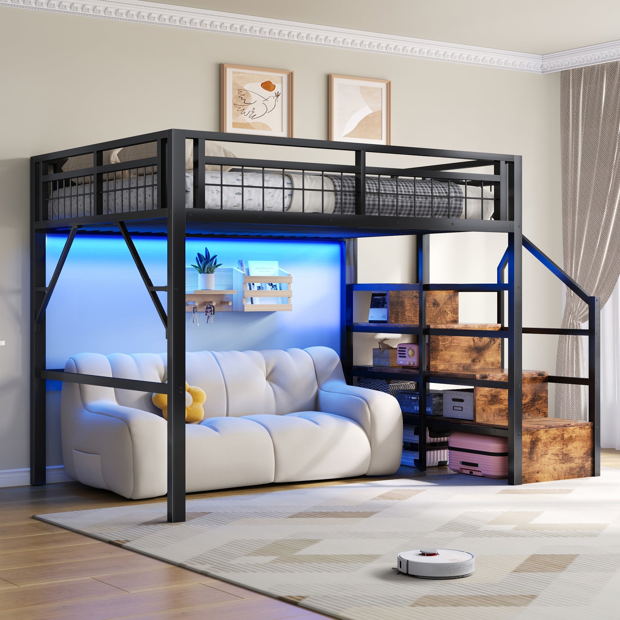 Lit mezzanine 140 x 200 cm cadre métal avec éclairage LED, escalier avec rangement intégré, espace libre aménageable dessous, sans matelas, noir - 4