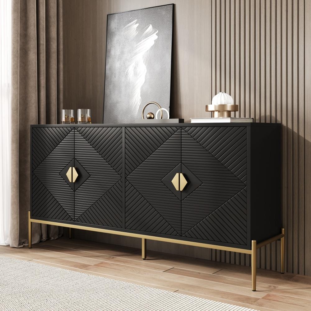 Nowoczesna komoda z 4 drzwiami 162x40x80cm z metalowymi nóżkami w kolorze złotym–komoda o geometrycznym designie i dużą przestrzenią do przechowywania - 3