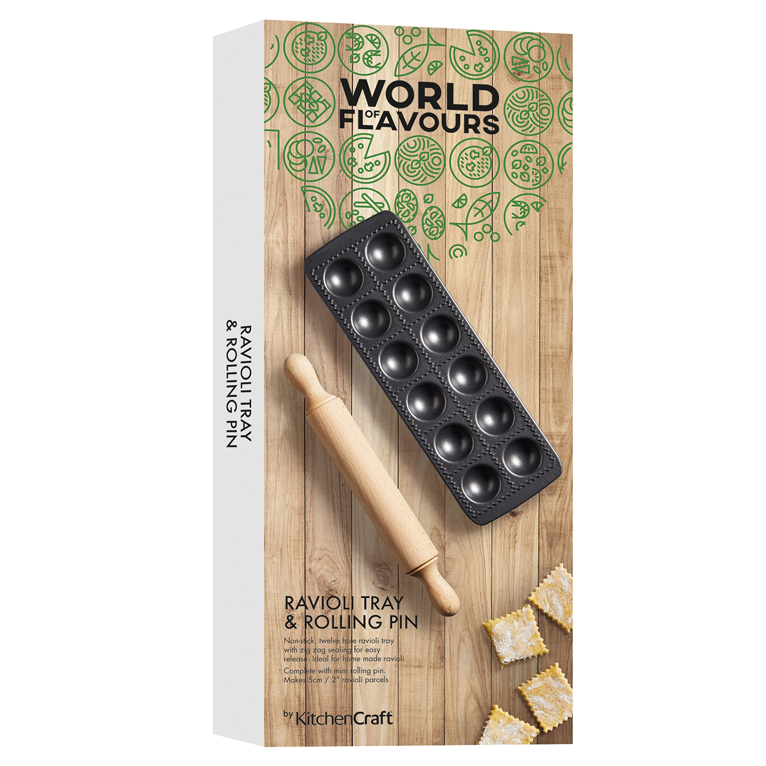 KitchenCraft World of Flavours Kit per pasta ripiena con vassoio antiaderente per ravioli e rullo, 33 x 11,5 cm - 3