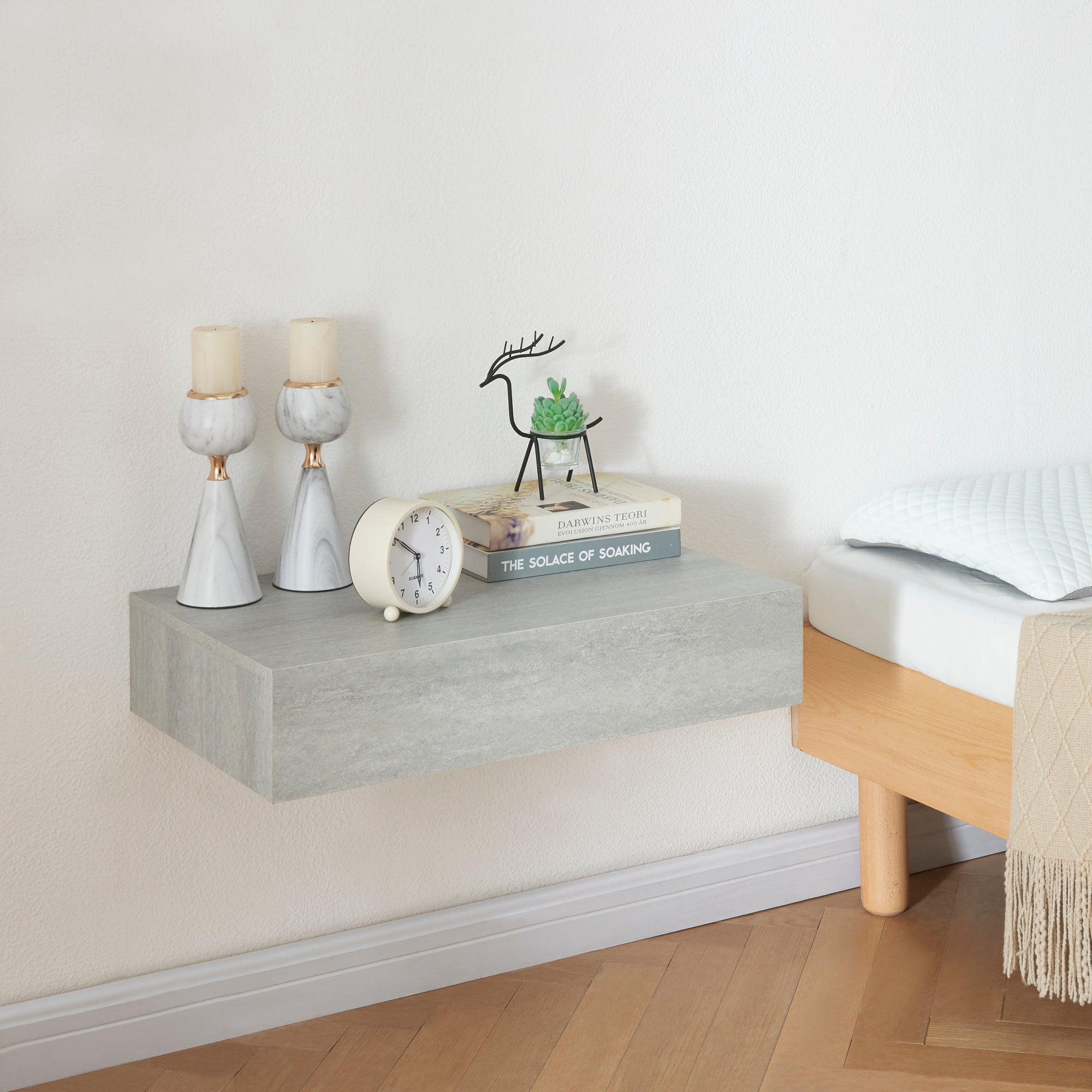 Mensola Con 2 Cassetti Affiancati Consolle Da Parete Con Doppio Cassetto Mensola Da Muro Comodino Sospeso 80 X 35 X 12 Cm Effetto Cemento En Casa 89509193 - 4