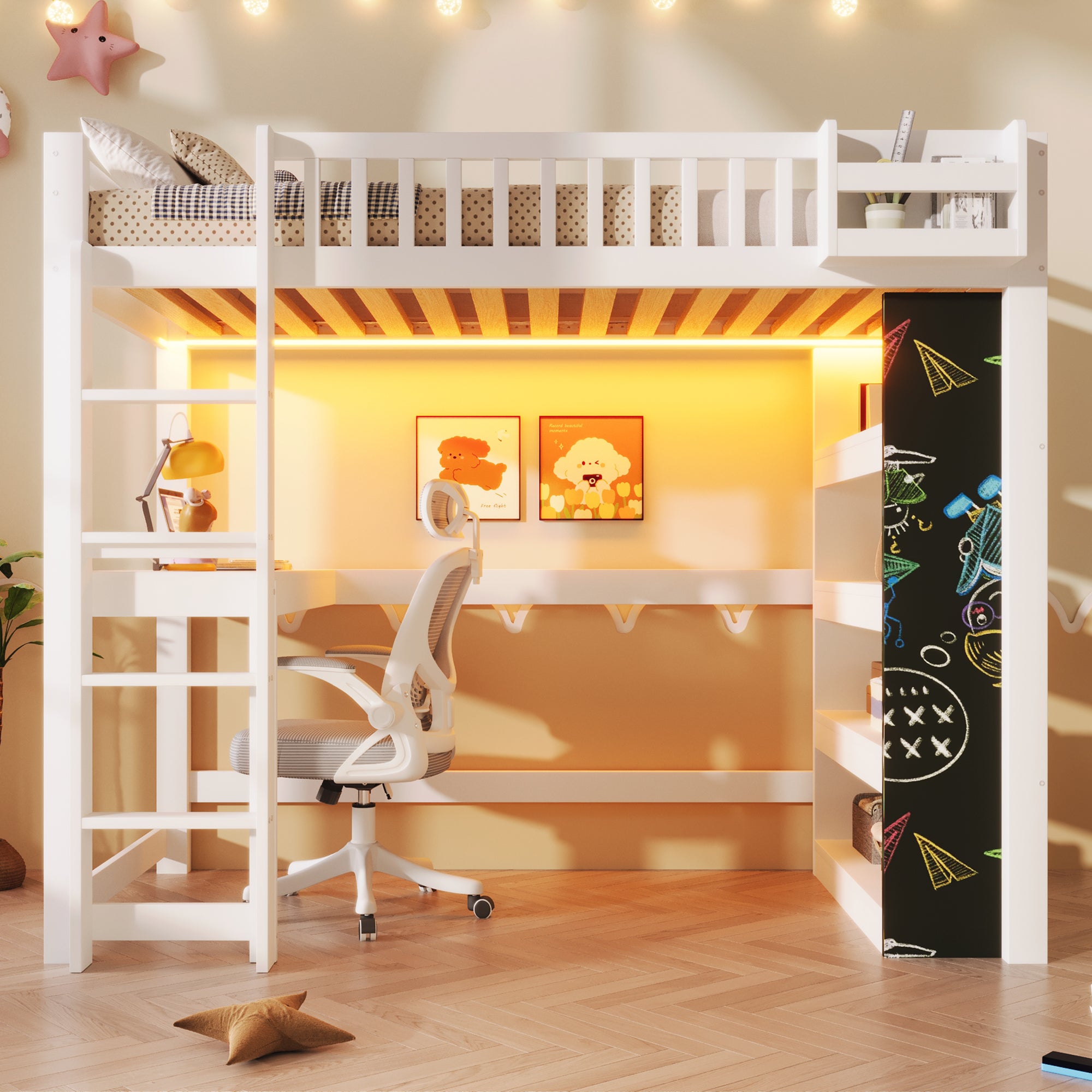 Lit mezzanine enfant avec bureau et rangements,Lit multifonction avec tableau noir + étagère + éclairage LED,sommier en pin, 90x200 cm - blanc - 2