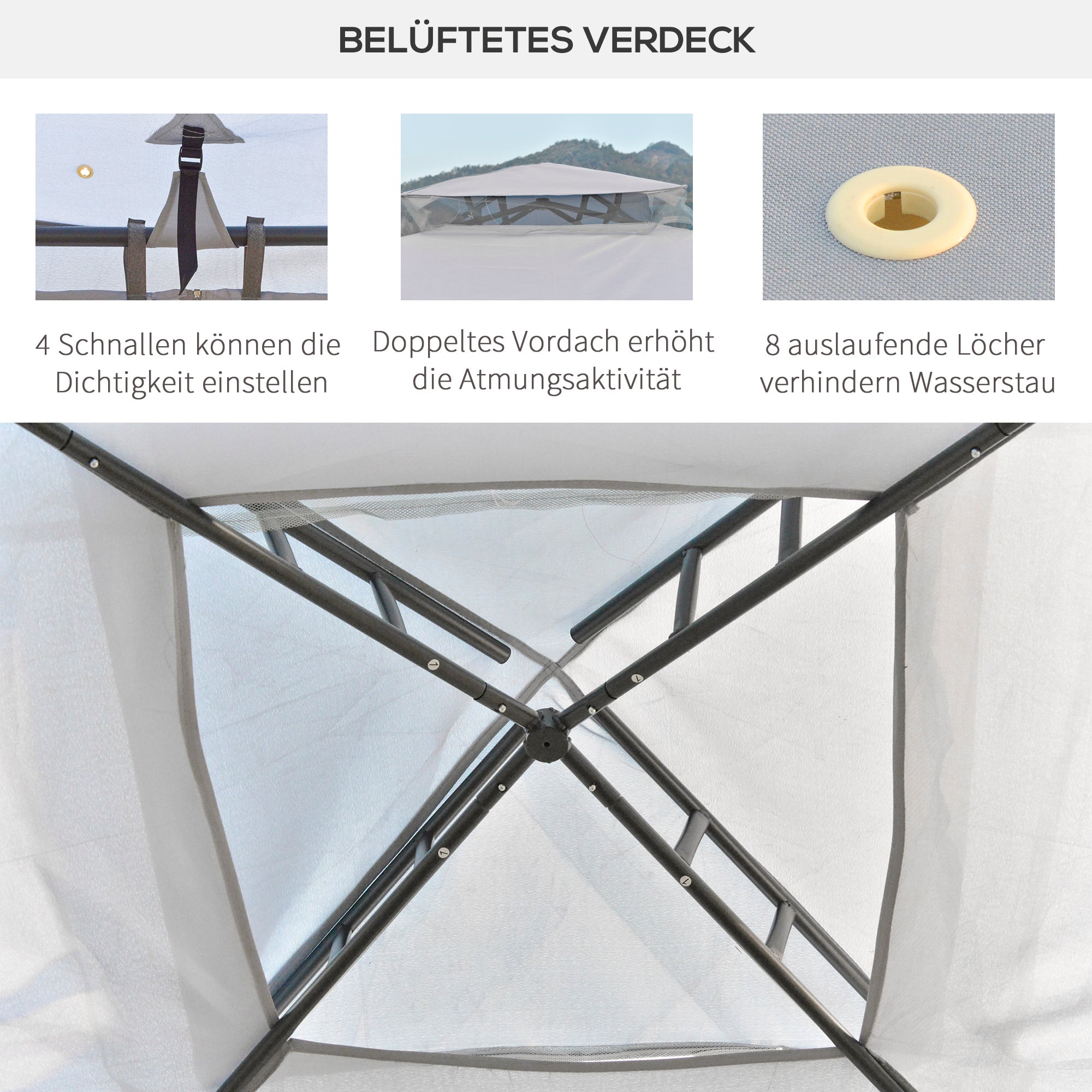 Pérgola de aluminio con 4 paredes laterales 300x300cm resistente al clima metal y poliéster gris claro para jardín y eventos - 5