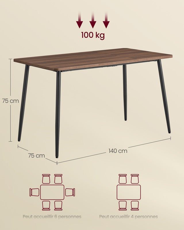 Table à Manger, Style Ferme, Surface Résistante à la Chaleur, Montage Rapide, 75 x 140 x 75 cm, Noyer Naturel et Noir d'Encre - 5