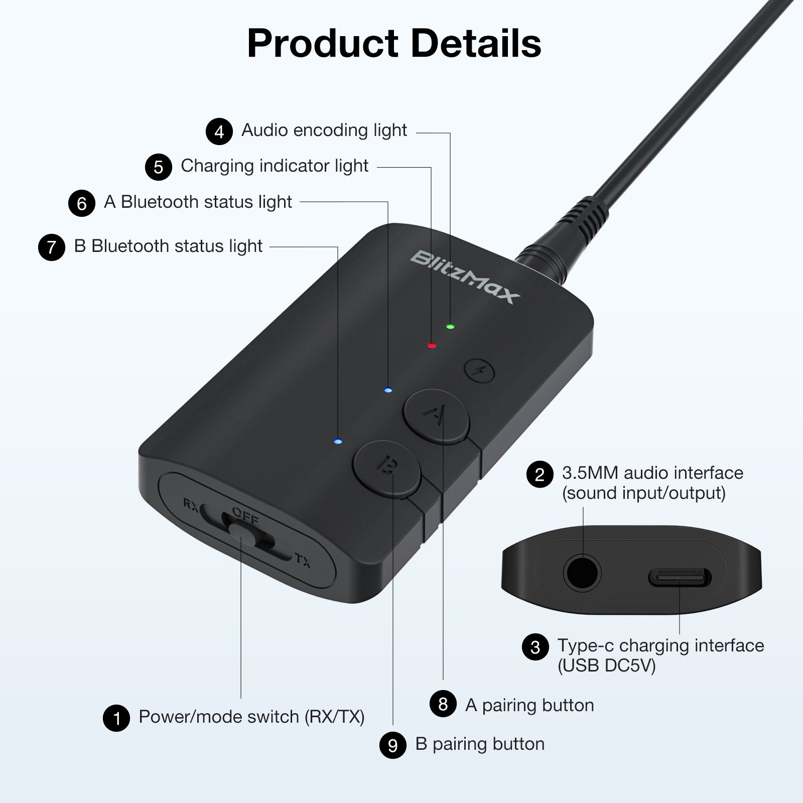 Adattatore Bluetooth 2-in-1: Ricevitore E Trasmettitore Audio Con Jack 3.5mm Aux
