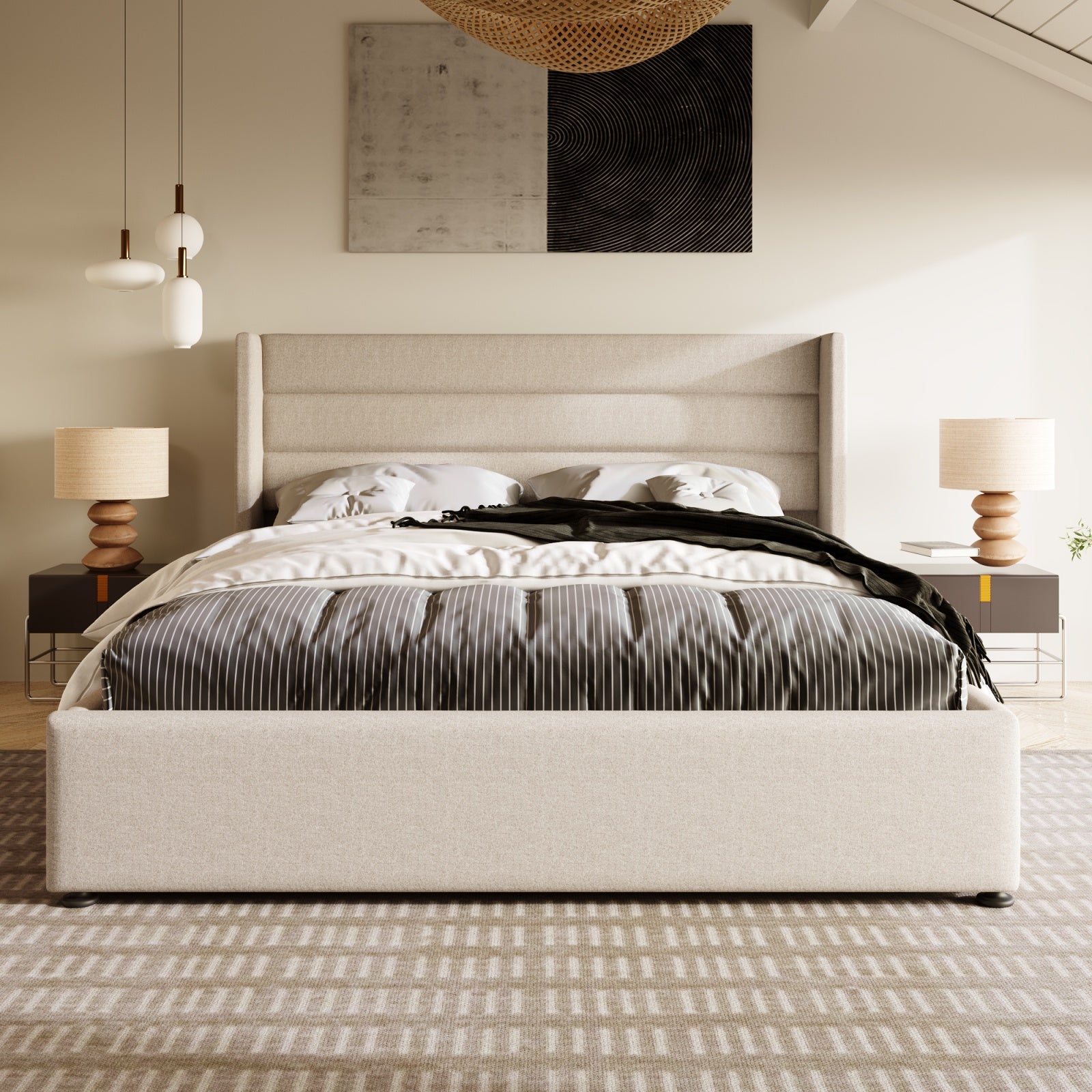 Lit coffre 160x200 avec rangement, lit double adulte avec sommier, structure métallique, revêtement en lin, grand espace de rangement - Beige - 2