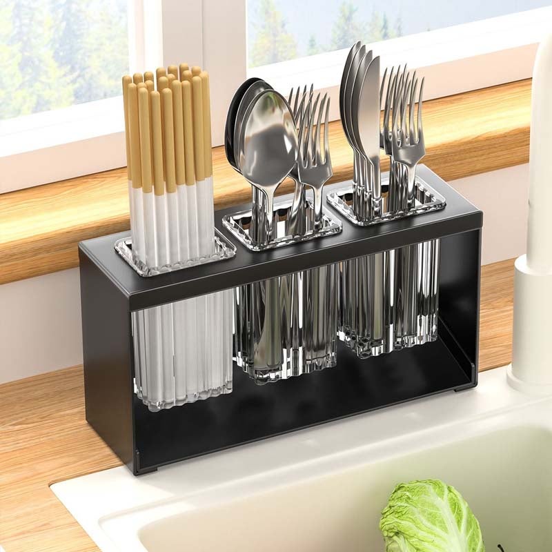 Zestaw 2 wielofunkcyjnych ociekaczy - uchwyt na sztućce i szczoteczki do zębów, organizacja kuchni i łazienki, czarny, praktyczny i trwały