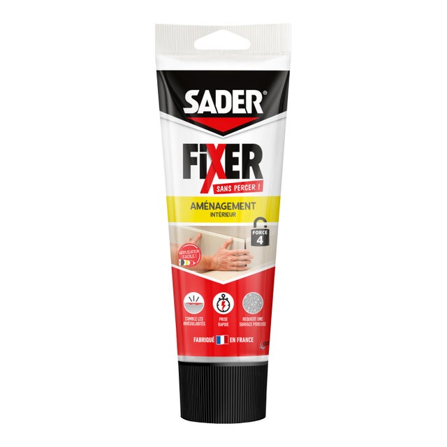Sader FIXER Sans Percer Aménagement Intérieur - Mastic Colle Acrylique - Prise Rapide - Maintien Puissant - Peut se Peindre - Blanc - Tube 260 g