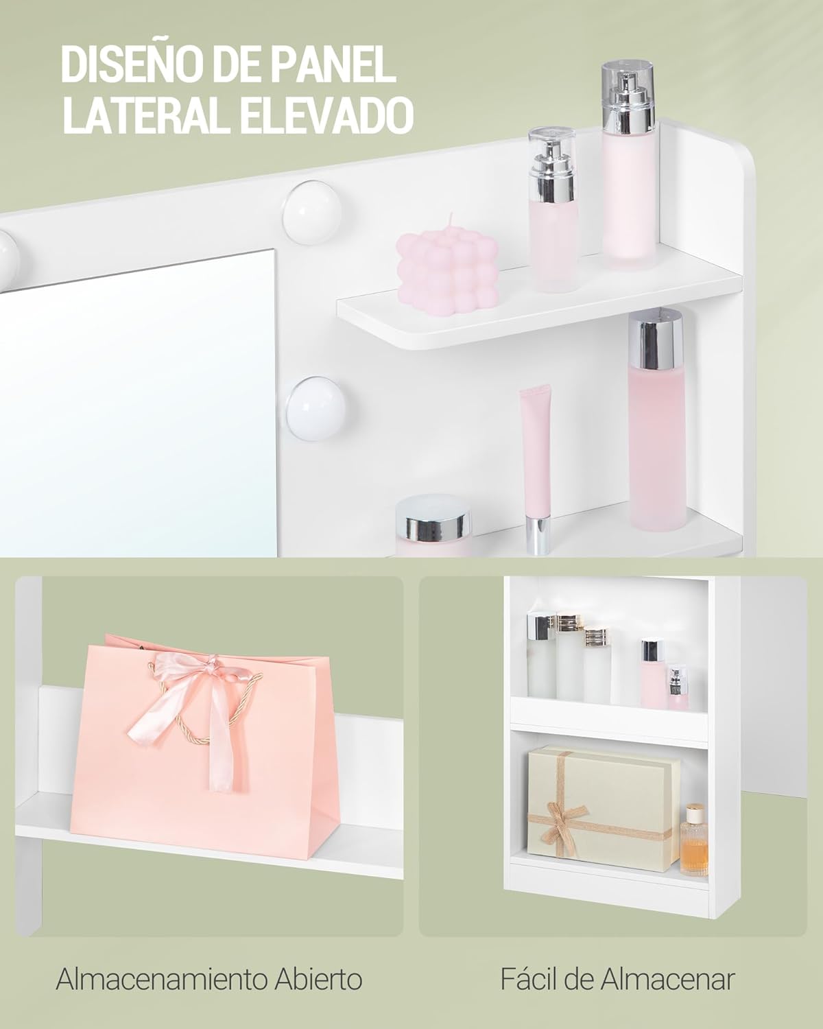 108 cm Coiffeuse avec Grand Miroir HD, Éclairage LED, 6 Compartiments Ouverts, 5 Tiroirs Et Rangement Latéral Ouvert, Simple, Blanc - 5