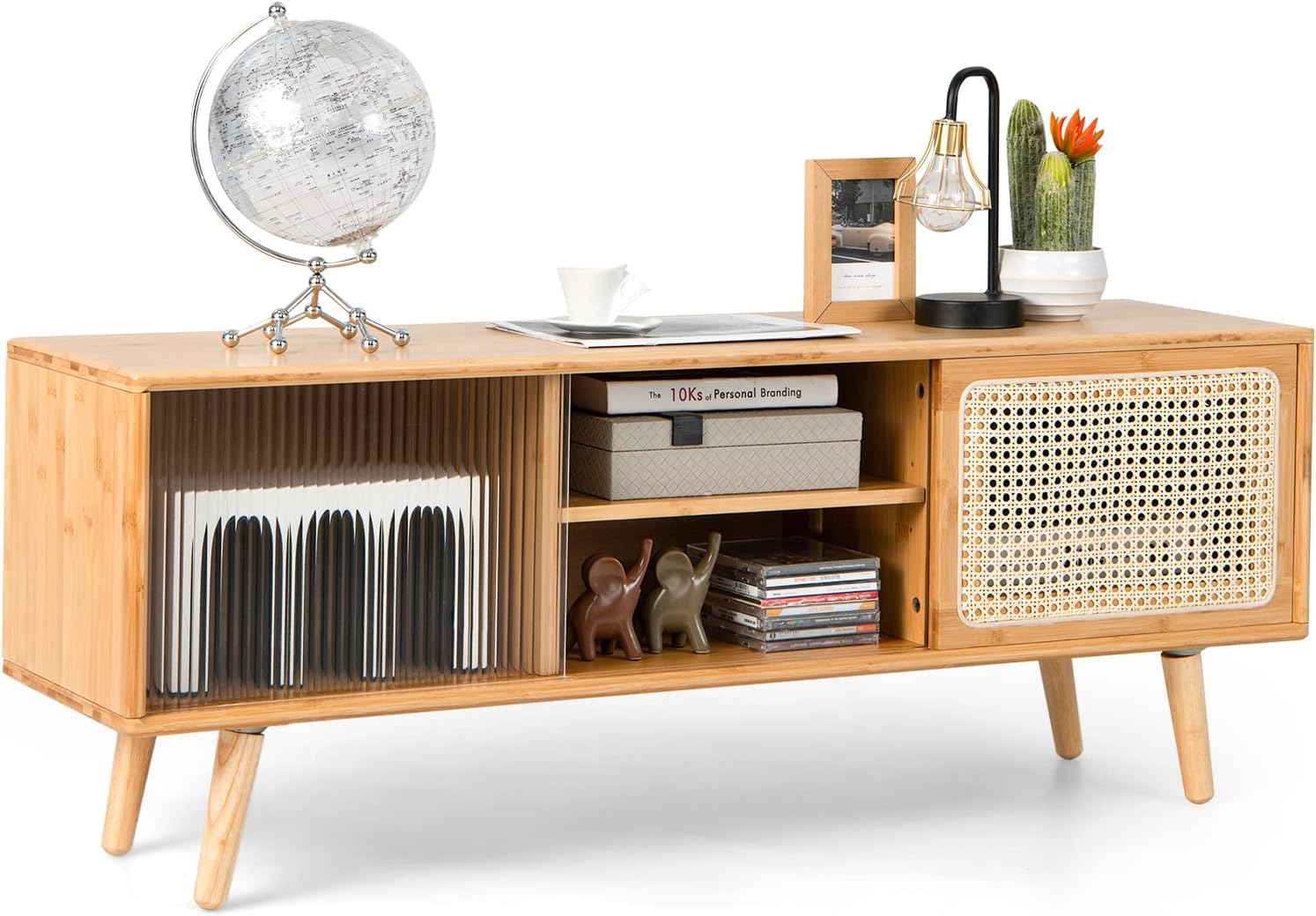 Mebel pod Telewizor z Bambusa na Telewizor 55", 2 Przesuwane Drzwi z Rattanu, Szkło Hartowane, Nogi z Drewna Kauczukowego, 120 x 31 x 45 cm