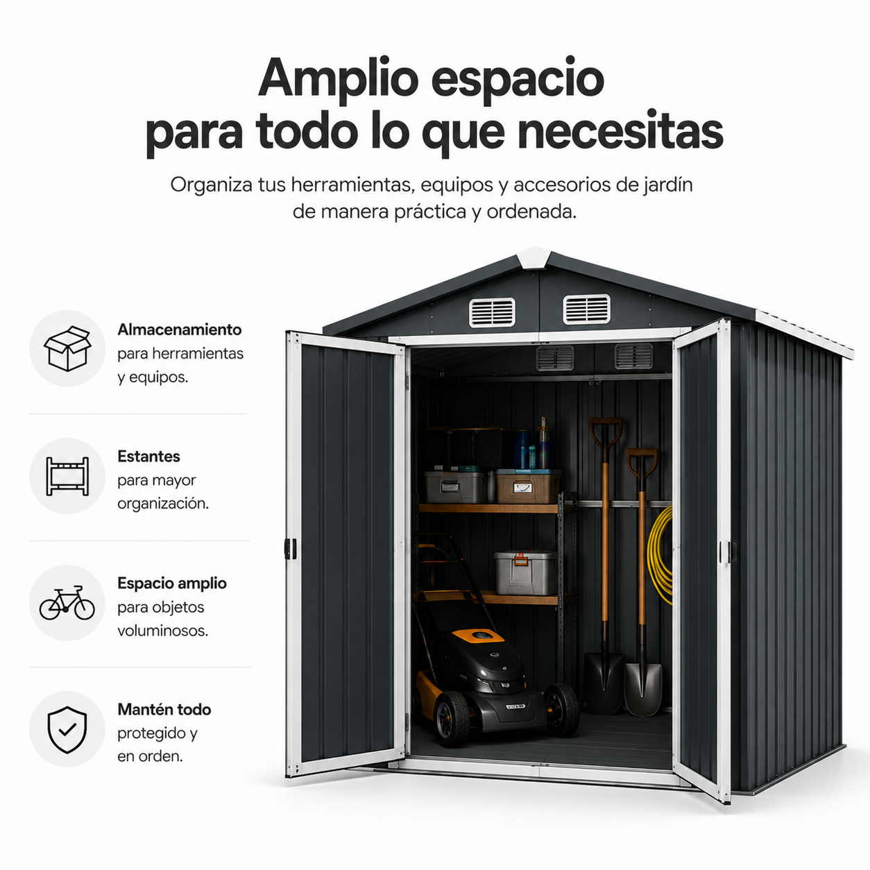Caseta Metálica Exterior Puerta Doble Abatible Y Techo Inclinado 201,5 × 155,5 × 190 cm - 6