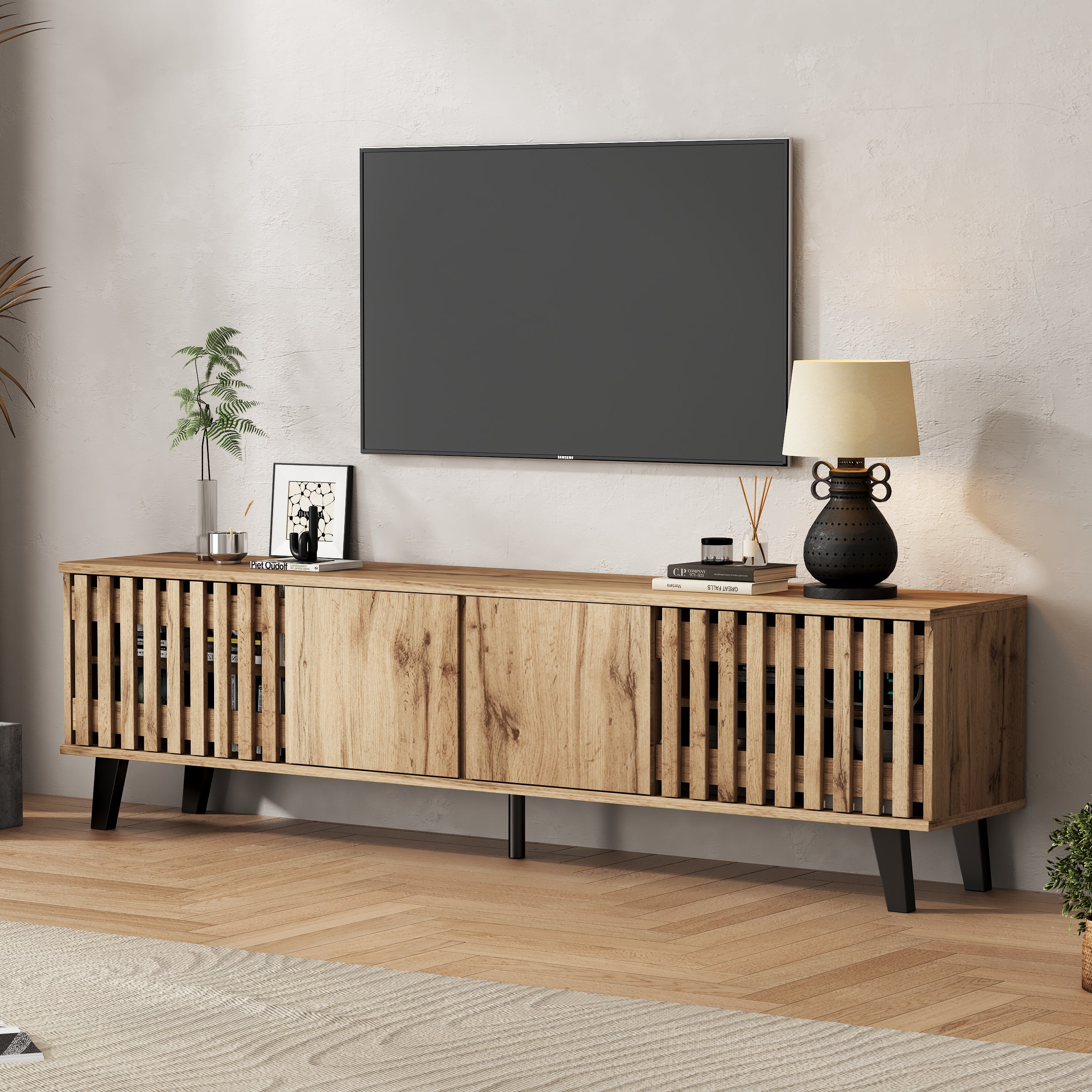 Meuble TV 180x40x55cm - avec 4 portes - Style scandinave - Naturel - 4