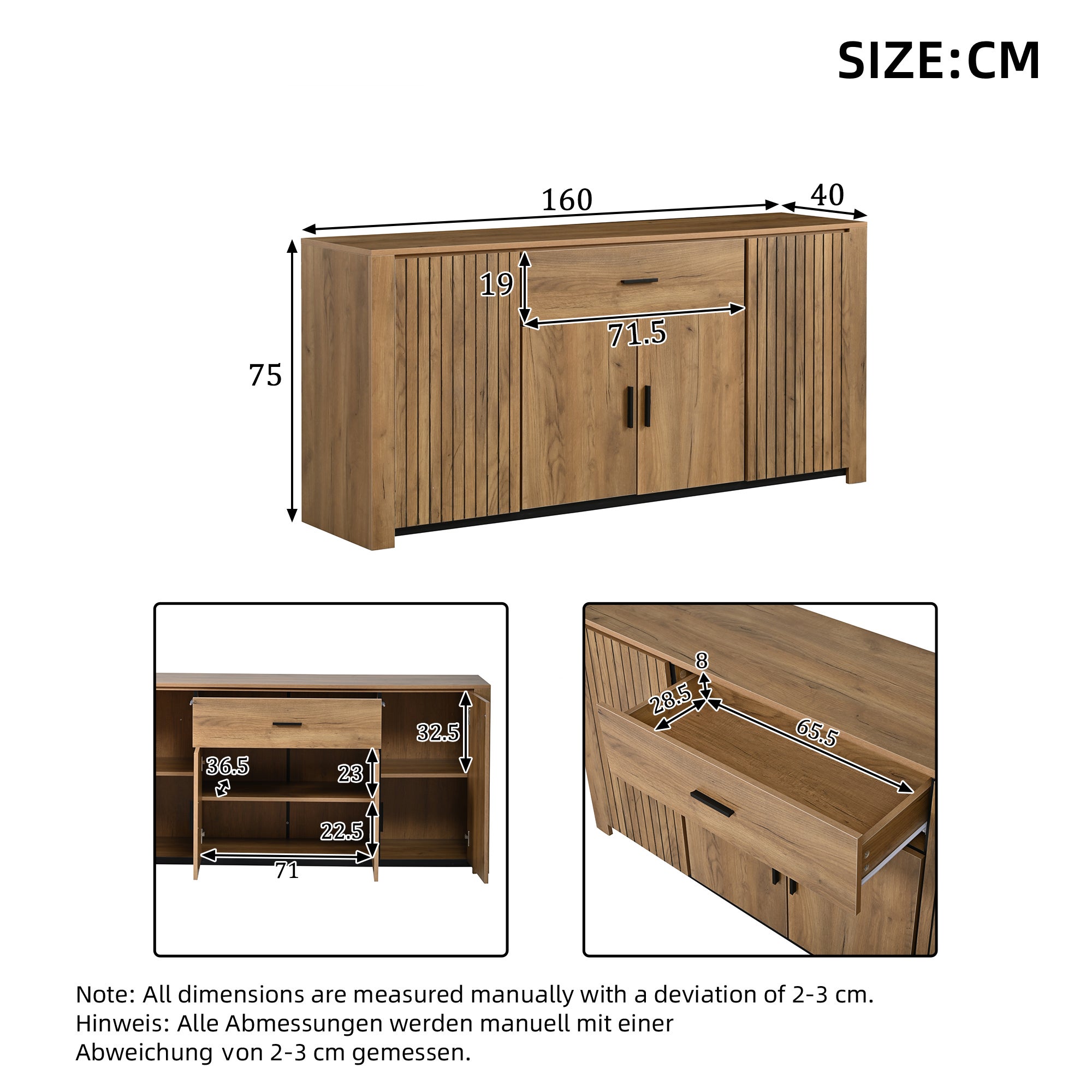 Buffet 160x40x75 cm - 4 portes et 1 tiroir - Étagères réglables - Finition bois - Panneaux de particules - Naturel - 4
