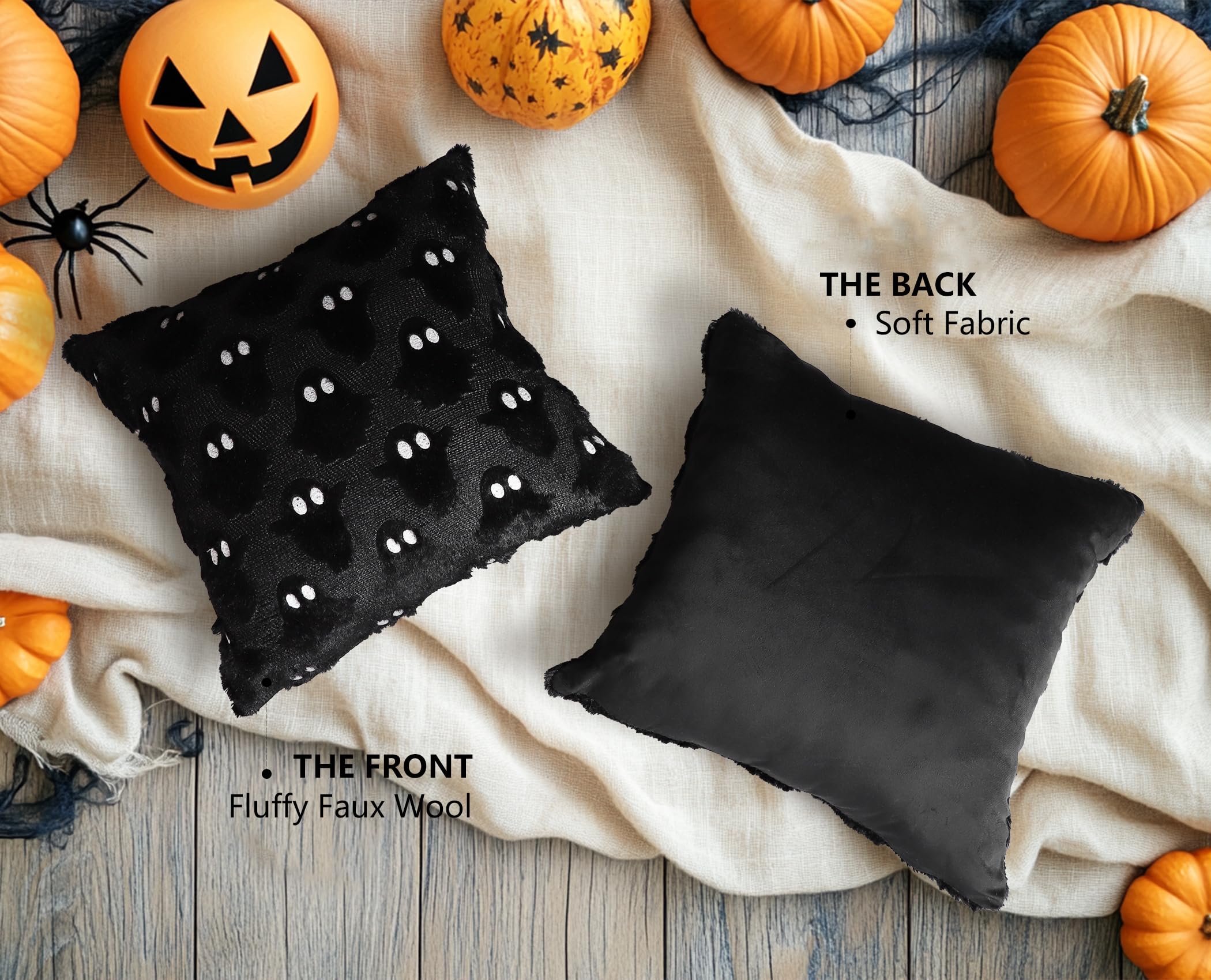 4 taies d'oreiller fantôme Halloween, idéales pour les canapés, idéales pour la décoration intérieure, 45 x 45 cm, noires. - 6