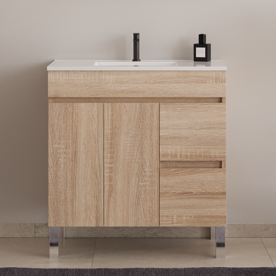 Meuble de salle de bain 80cm simple vasque sur pieds avec portes et tiroirs - cambrian (chêne clair) - HARO - 2