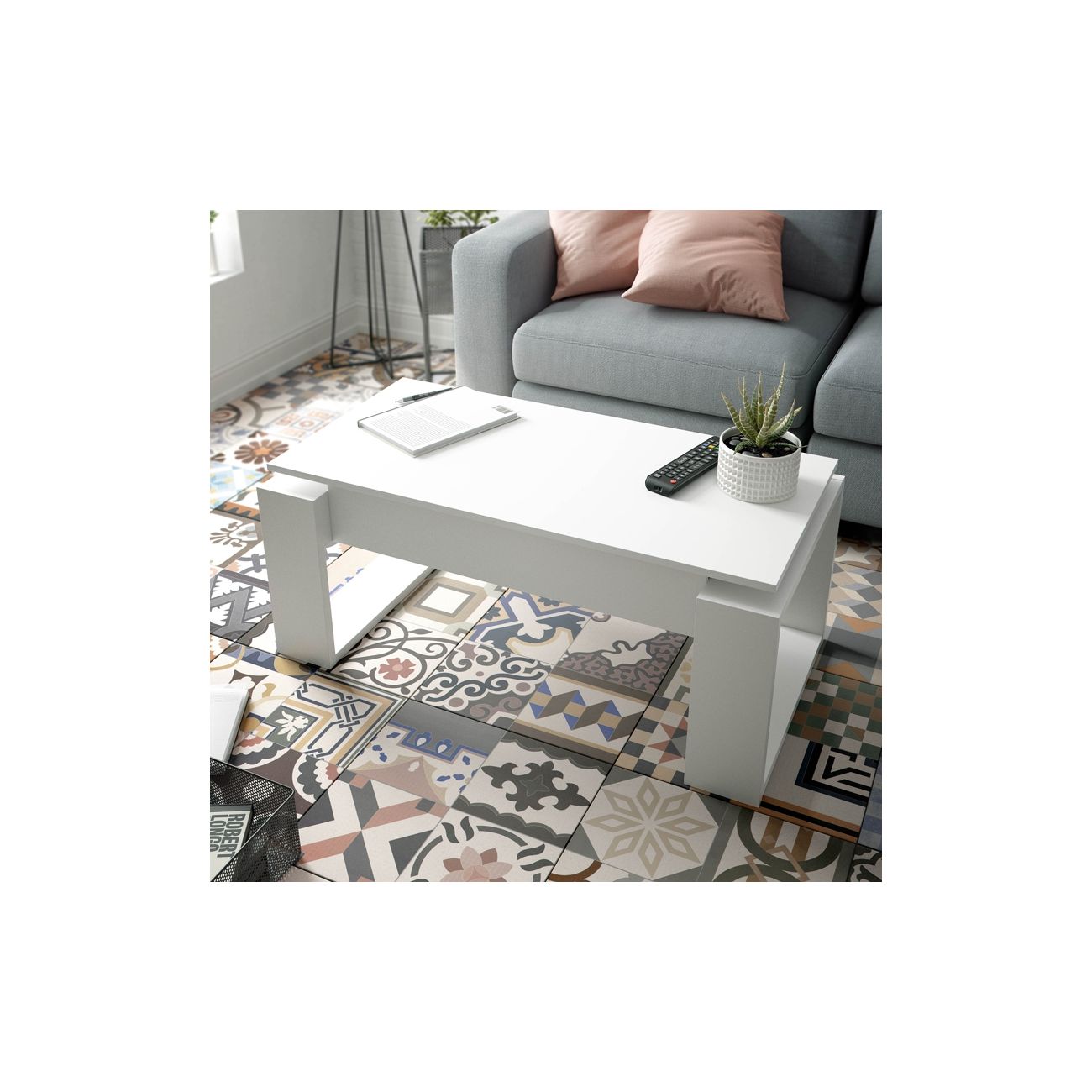 Table basse relevable - Mélaminé blanc - L 105 x P 55 x H 45 cm NOVA - 8