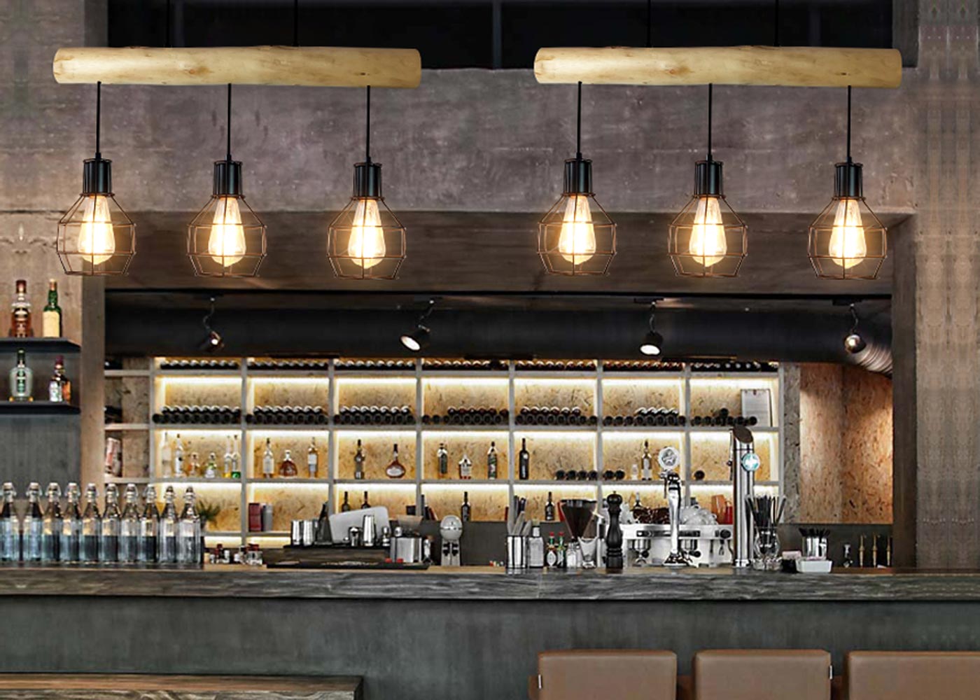 Lampe suspension lustre style industriel vintage bois massif métal noir 3 abat-jour en treillis 04_0003603 - 3