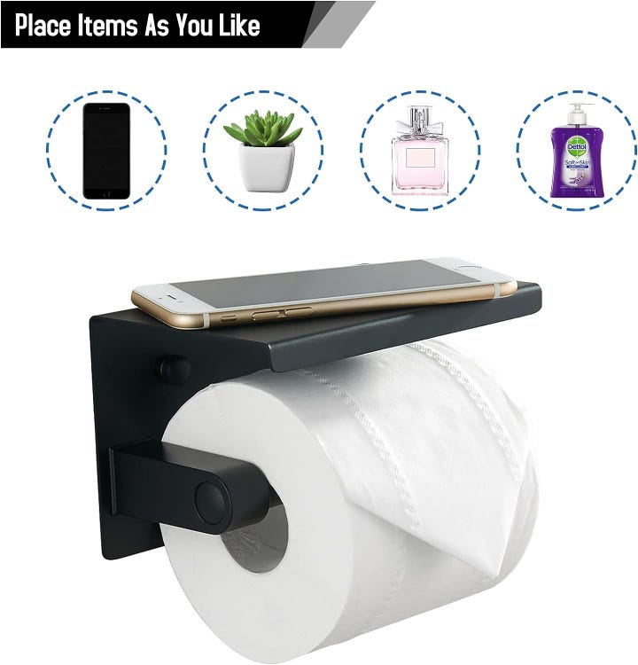 Porte-papier toilette noir, porte-rouleau de papier toilette en acier inoxydable 304 avec étagère pour téléphone, support mural pour papier toilette - 2